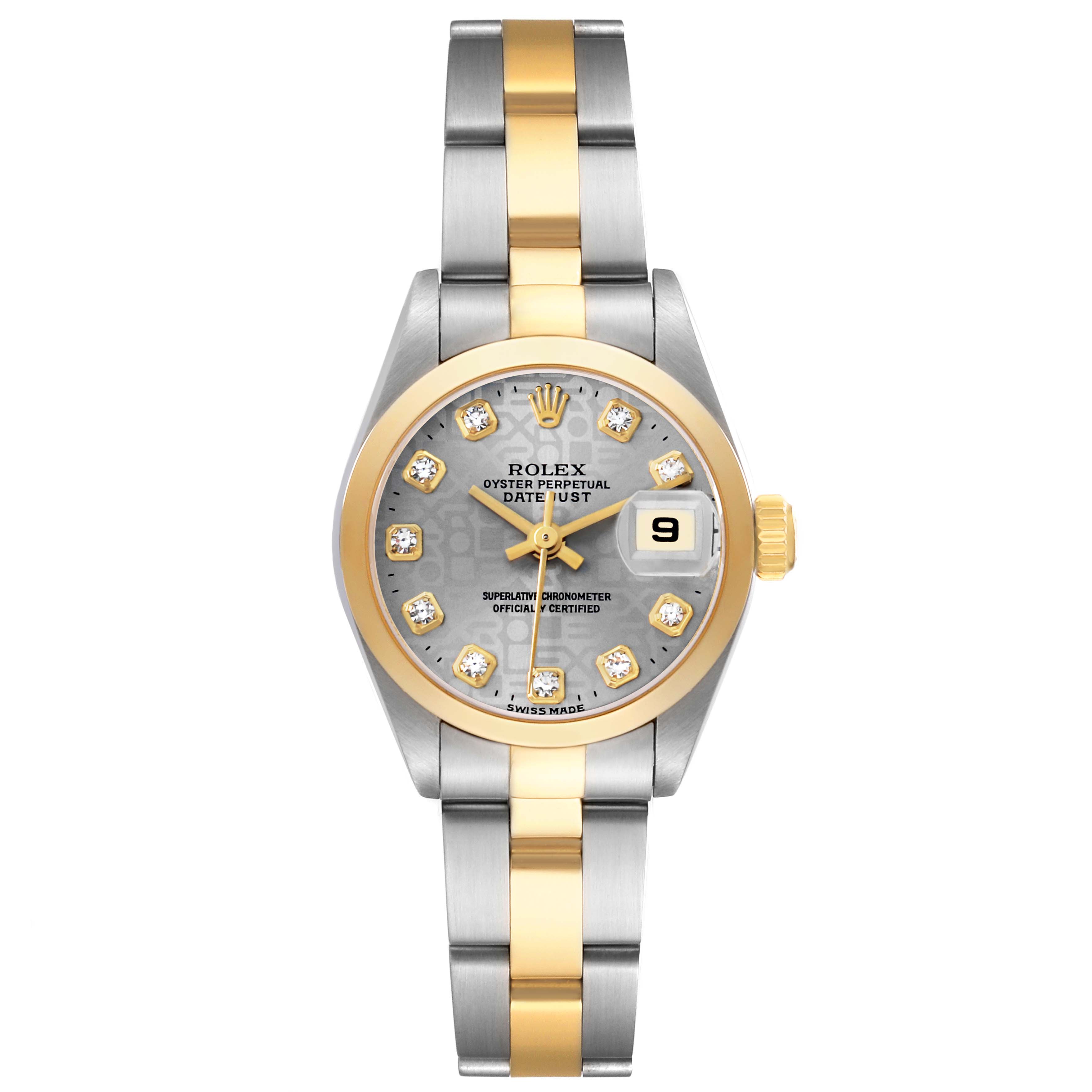 The Rolex Datejust 79163 Women's Steel and Gold (two tone) Silver Dial watch is shown from the front, displaying its dial, bezel, bracelet, and crown.