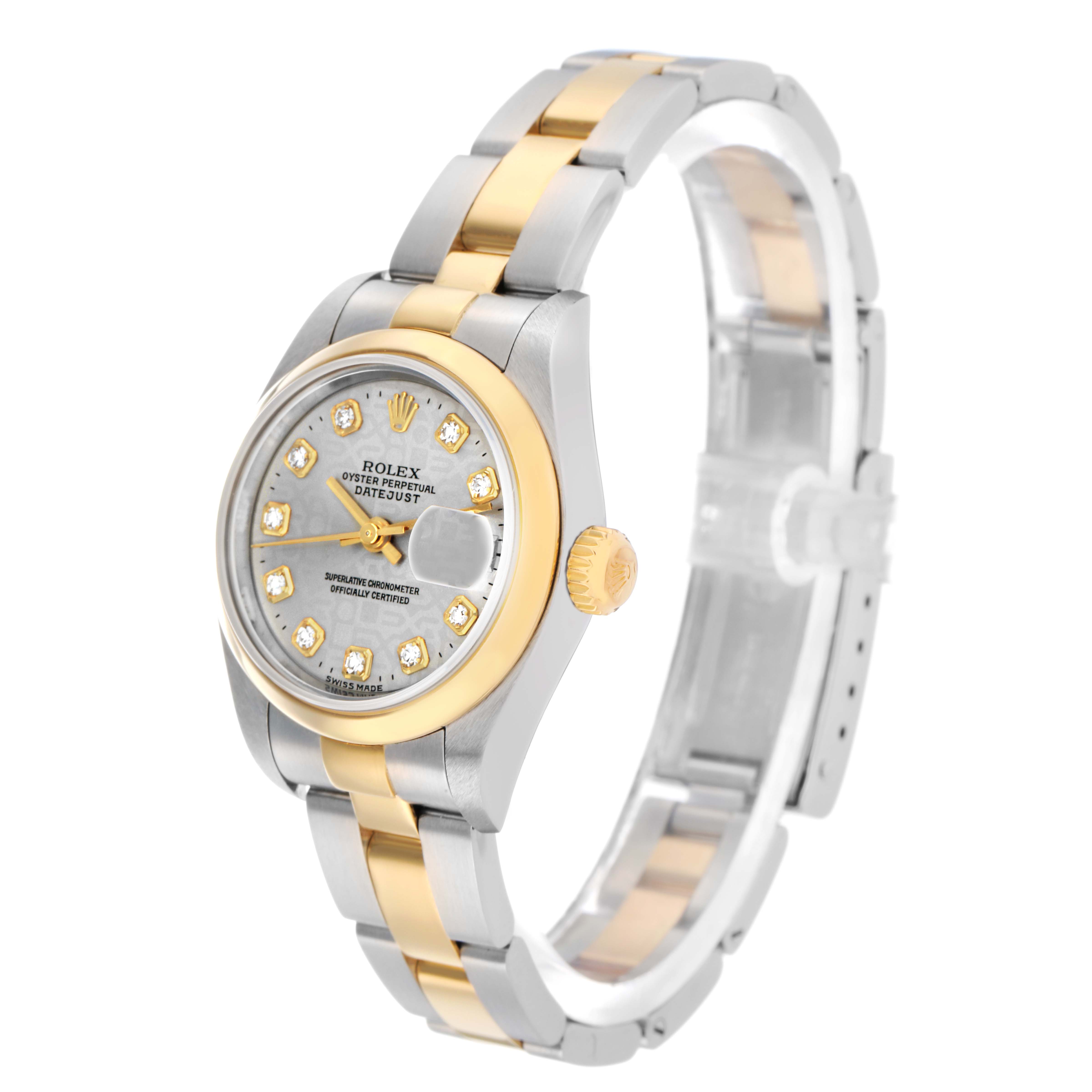 The Rolex Datejust 79163 Women's Steel and Gold (two tone) Silver Dial watch is shown at a three-quarter angle, displaying the face, bezel, crown, and part of the bracelet.