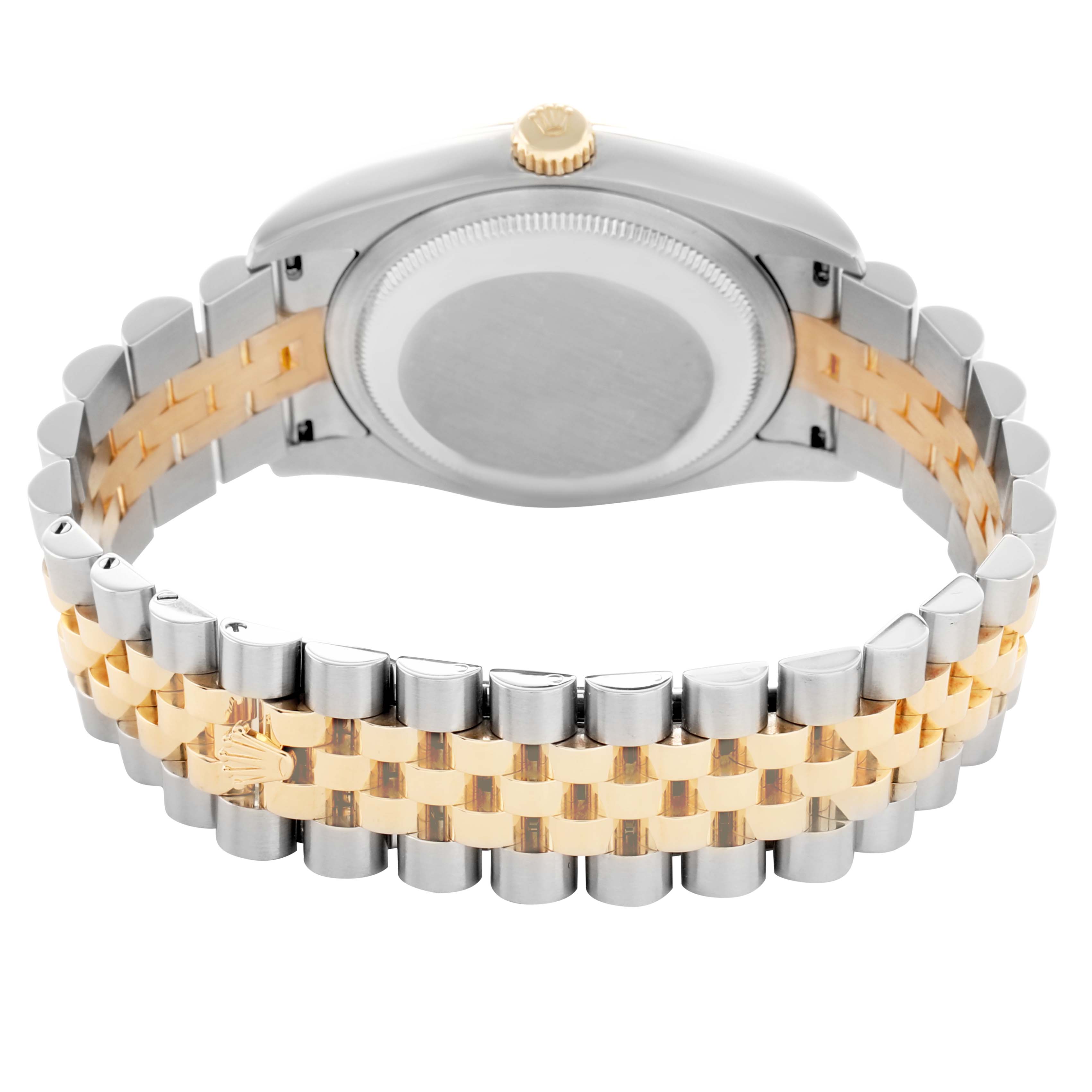 The image shows the back and bracelet of a Rolex Datejust 116233 Men's Steel and Gold (two tone) Silver Dial, highlighting the two-tone metal design.