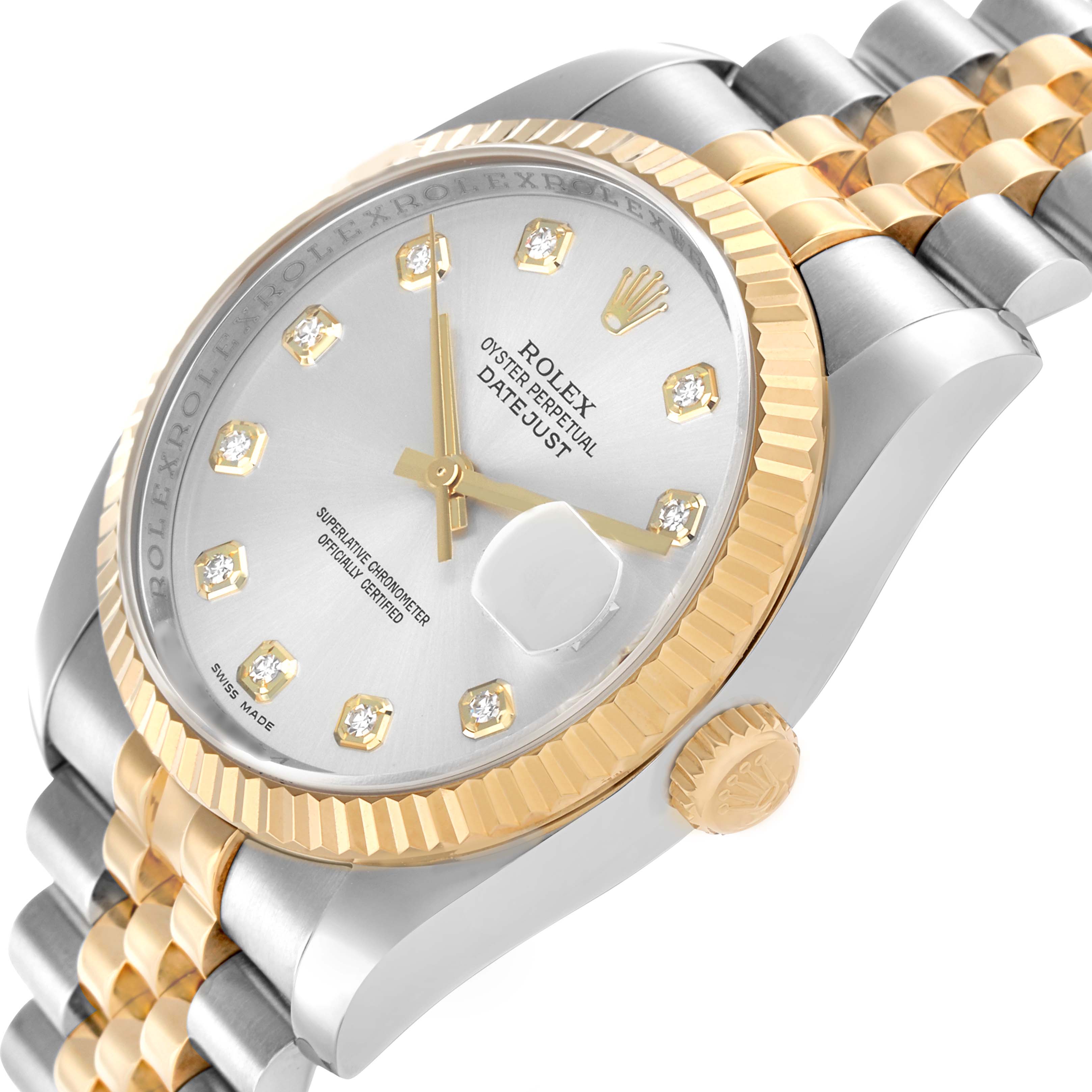 The Rolex Datejust 116233 Men's Steel and Gold (two tone) Silver Dial watch is shown at a slight angle, highlighting the bezel, diamond markers, crown, and two-tone bracelet.
