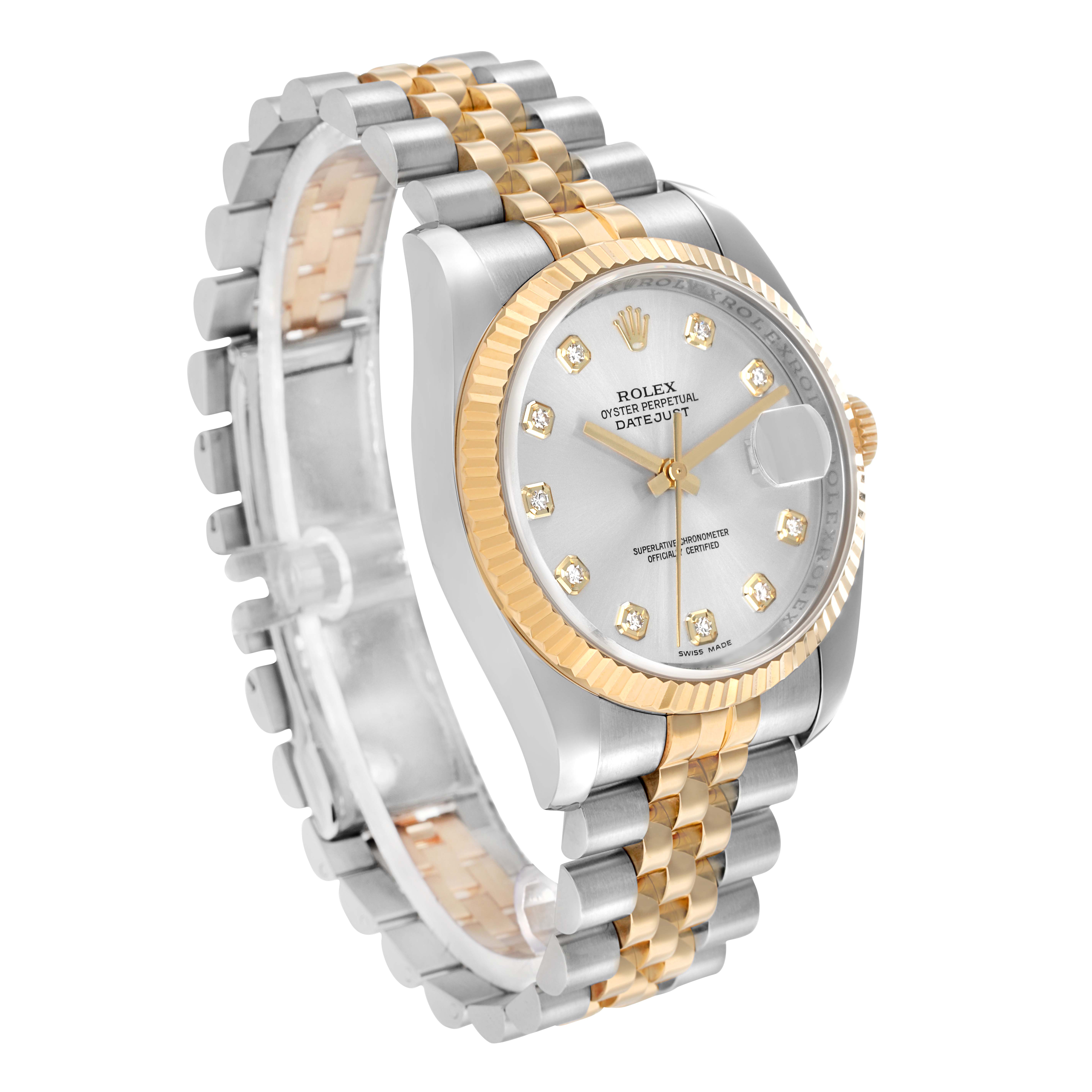 The Rolex Datejust 116233 Men's Steel and Gold (two tone) Silver Dial watch is shown at a slight angle, highlighting its dial, bracelet, fluted bezel, and crown.