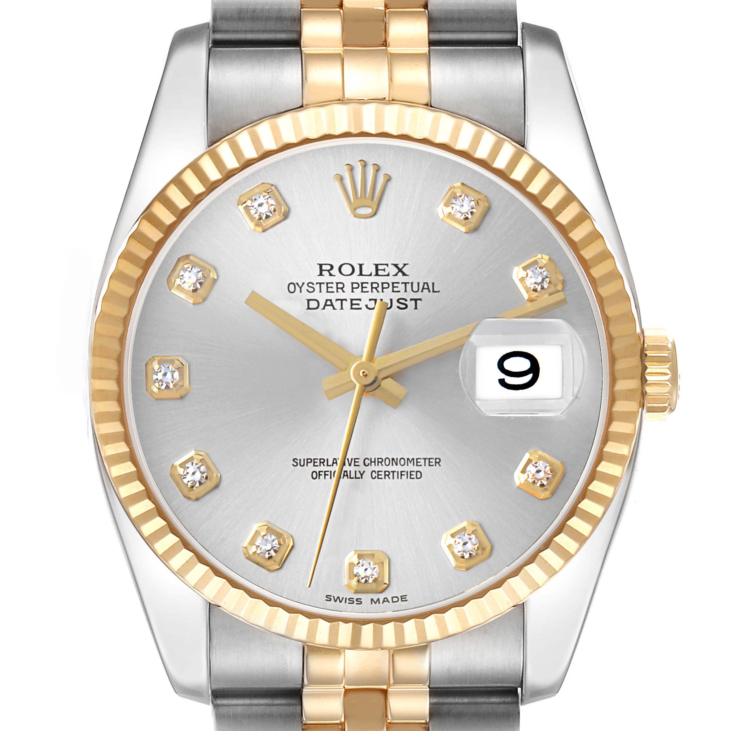 The Rolex Datejust 116233 Men's Steel and Gold (two tone) Silver Dial watch is shown from a front angle, highlighting the dial, bezel, and part of the bracelet.
