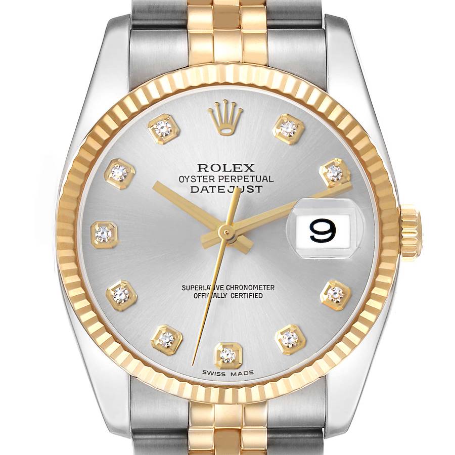 The Rolex Datejust 116233 Men's Steel and Gold (two tone) Silver Dial watch is shown from a front angle, highlighting the dial, bezel, and part of the bracelet.