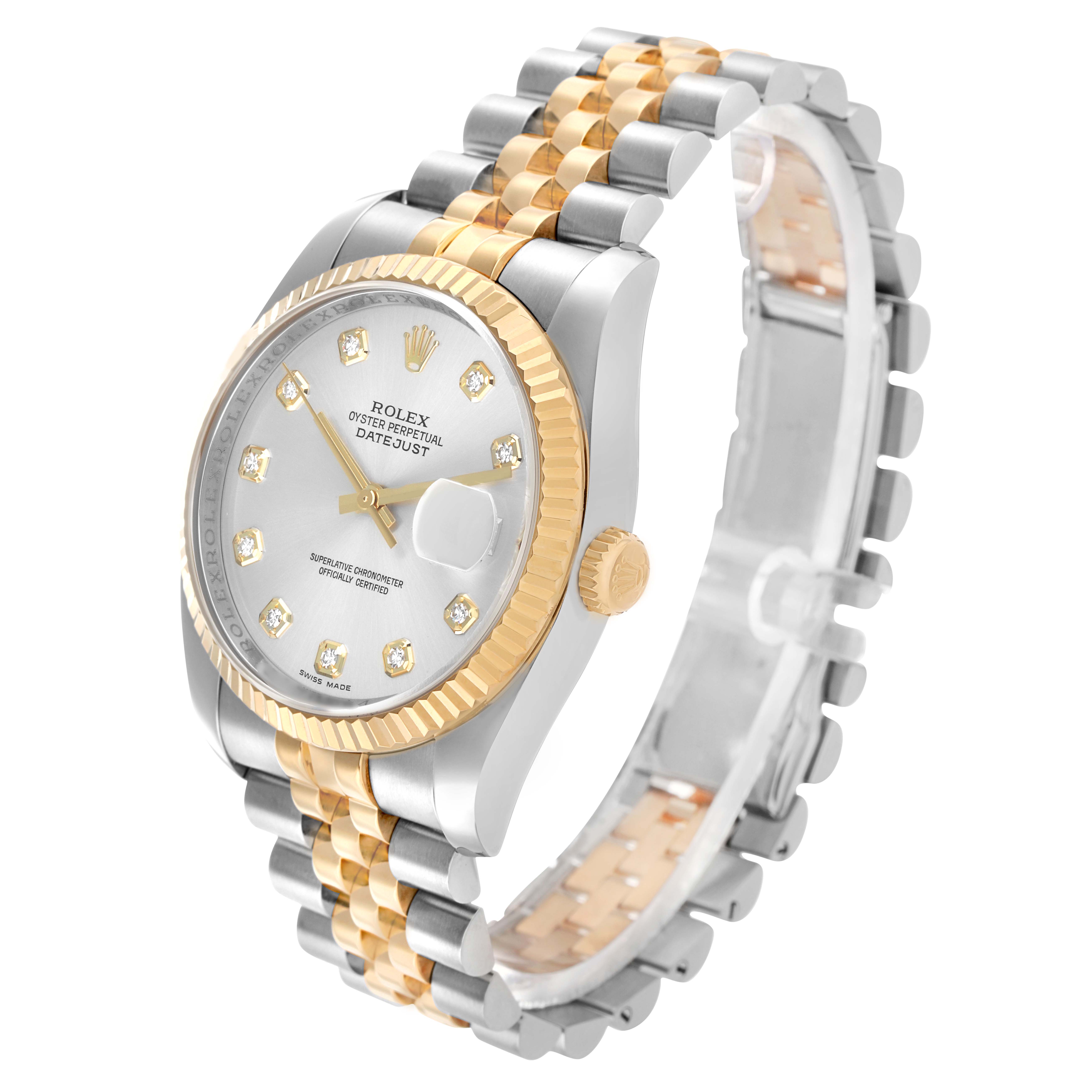 The Rolex Datejust 116233 Men's Steel and Gold (two tone) Silver Dial watch is shown at a three-quarter angle, displaying its dial, bezel, crown, and bracelet.