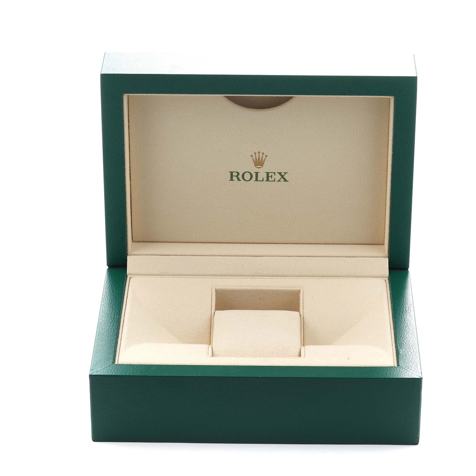 This image shows an open Rolex Datejust 116233 Men's Steel and Gold (two tone) Silver Dial watch box at a frontal angle, featuring the interior padding and brand logo.