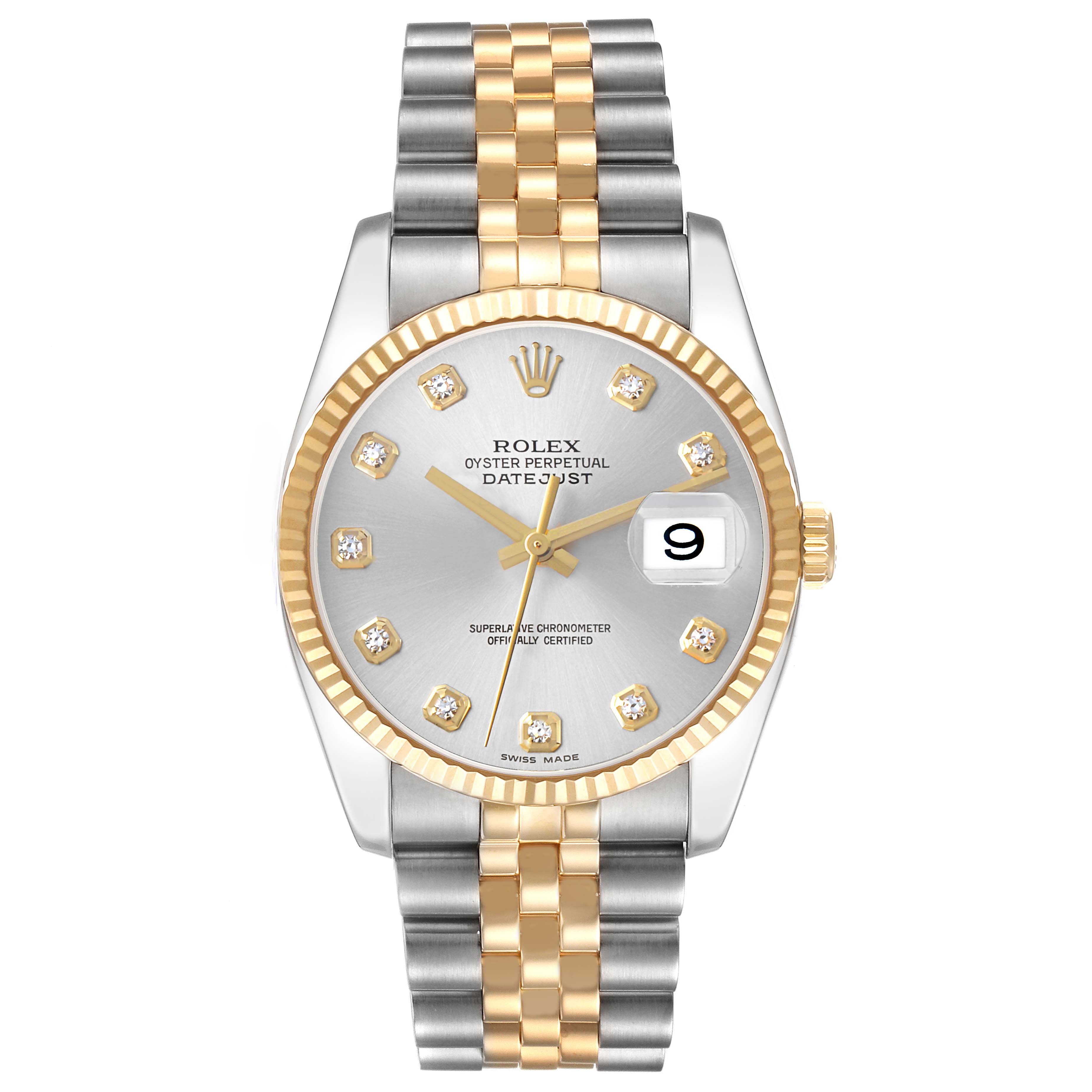 The Rolex Datejust 116233 Men's Steel and Gold (two tone) Silver Dial watch is shown from a front view, highlighting the dial, bezel, and bracelet.