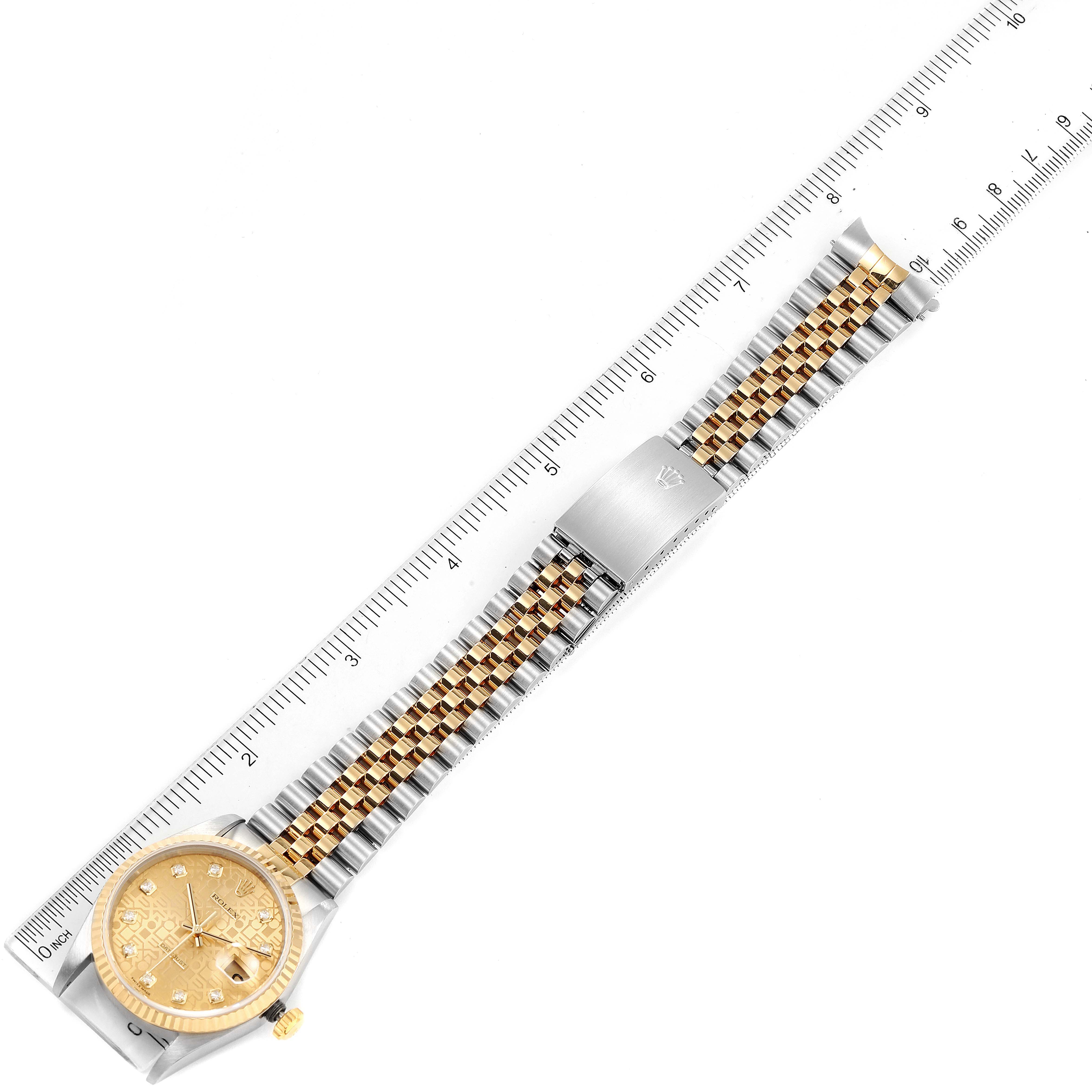 The image shows a Rolex Datejust 16233 Men's Steel and Gold (two tone) Champagne Dial 16233 Men's Steel and Gold (two tone) Champagne Dial watch laid flat from a top-down angle, accompanied by a ruler measuring its length.