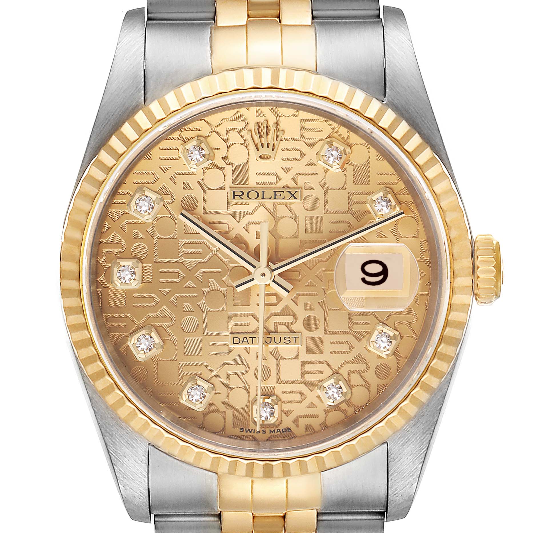 This image shows a front view of the Rolex Datejust 16233 Men's Steel and Gold (two tone) Champagne Dial 16233 Men's Steel and Gold (two tone) Champagne Dial watch displaying its dial, bezel, crown, and bracelet.