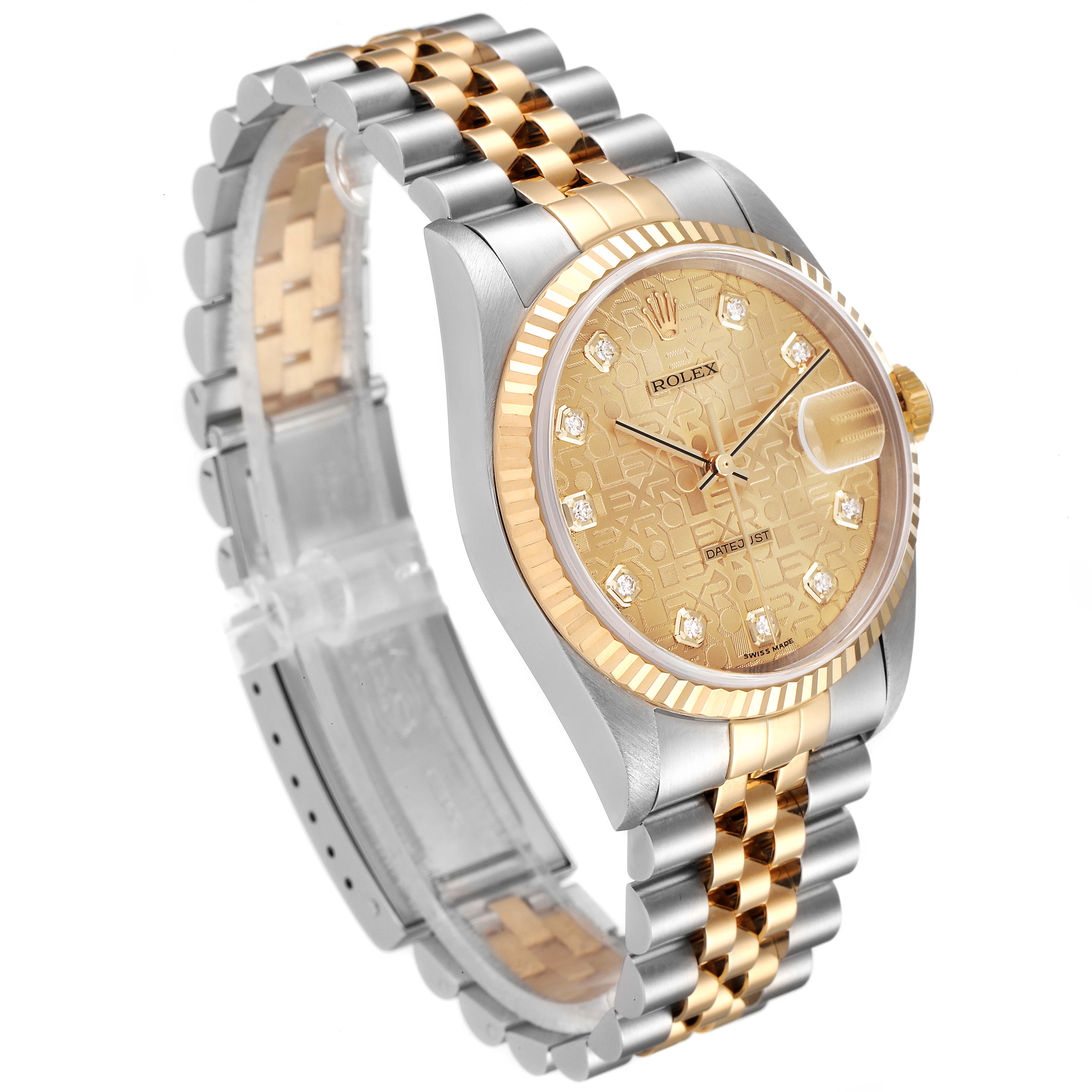 This image shows a Rolex Datejust 16233 Men's Steel and Gold (two tone) Champagne Dial 16233 Men's Steel and Gold (two tone) Champagne Dial watch at a three-quarter angle, displaying the face, bezel, and bracelet.