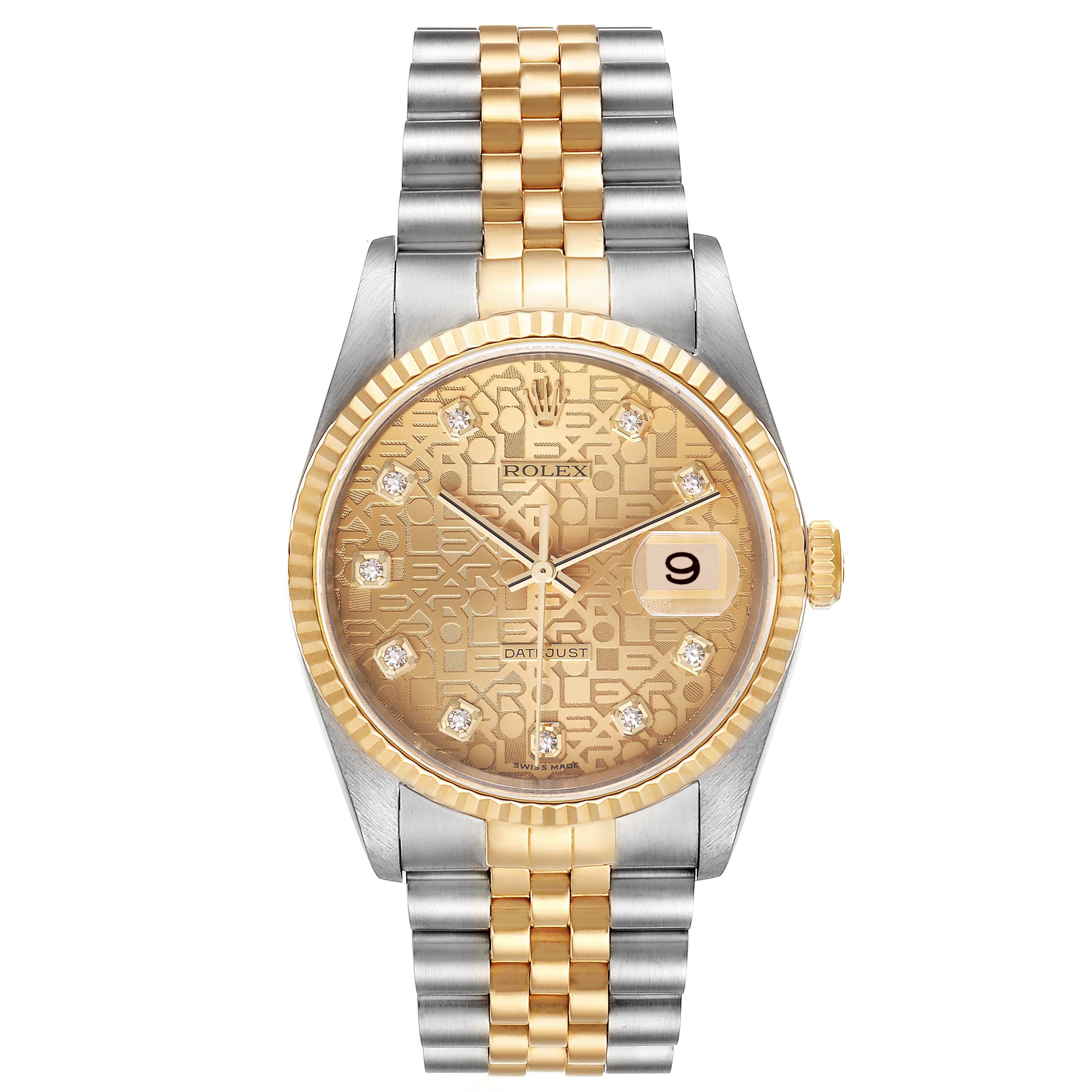 This is a front view of the Rolex Datejust 16233 Men's Steel and Gold (two tone) Champagne Dial 16233 Men's Steel and Gold (two tone) Champagne Dial watch, featuring a gold and silver two-tone design, fluted bezel, and jubilee bracelet.