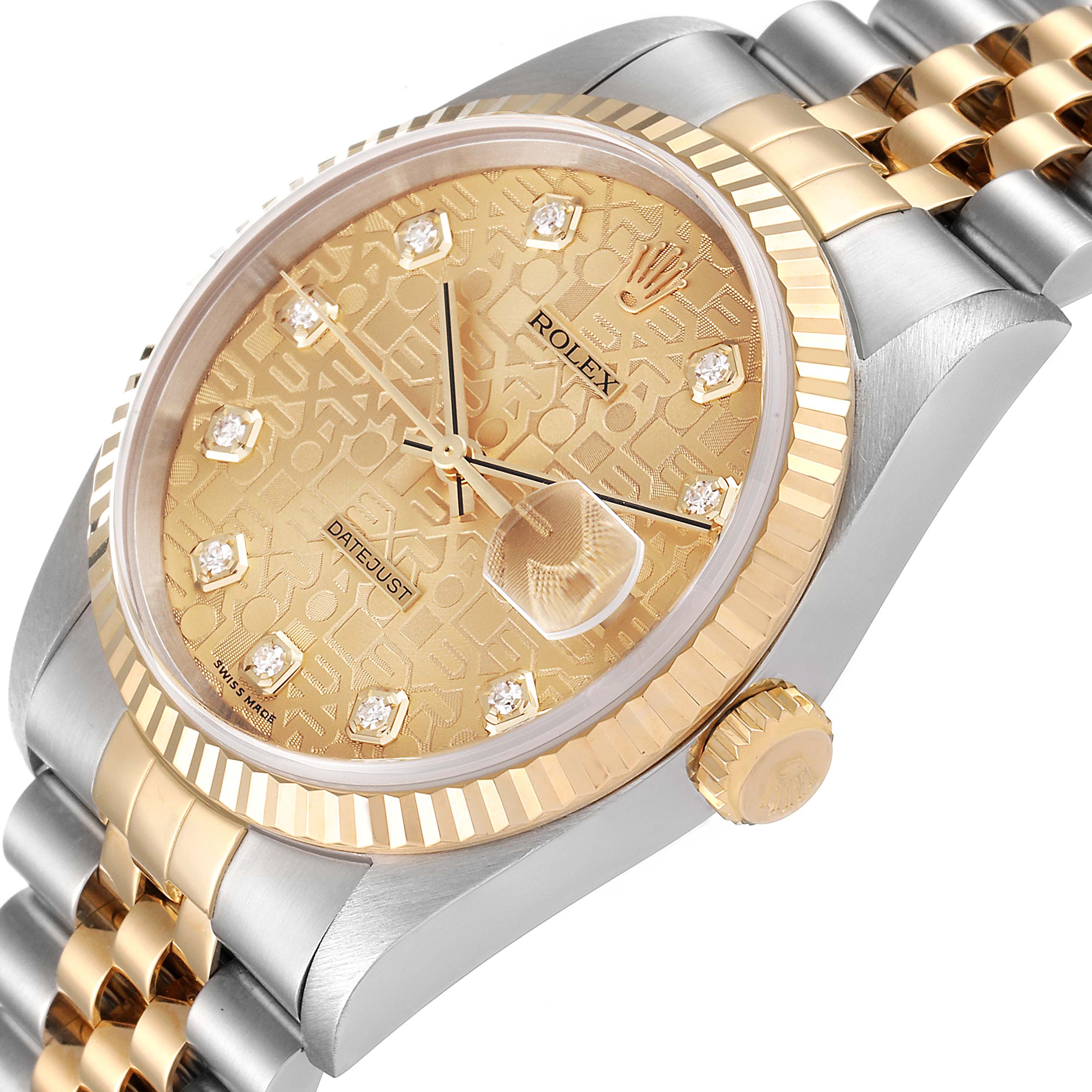 This image shows an angled view of a Rolex Datejust 16233 Men's Steel and Gold (two tone) Champagne Dial 16233 Men's Steel and Gold (two tone) Champagne Dial watch, highlighting the gold dial, bezel, and part of the bracelet.