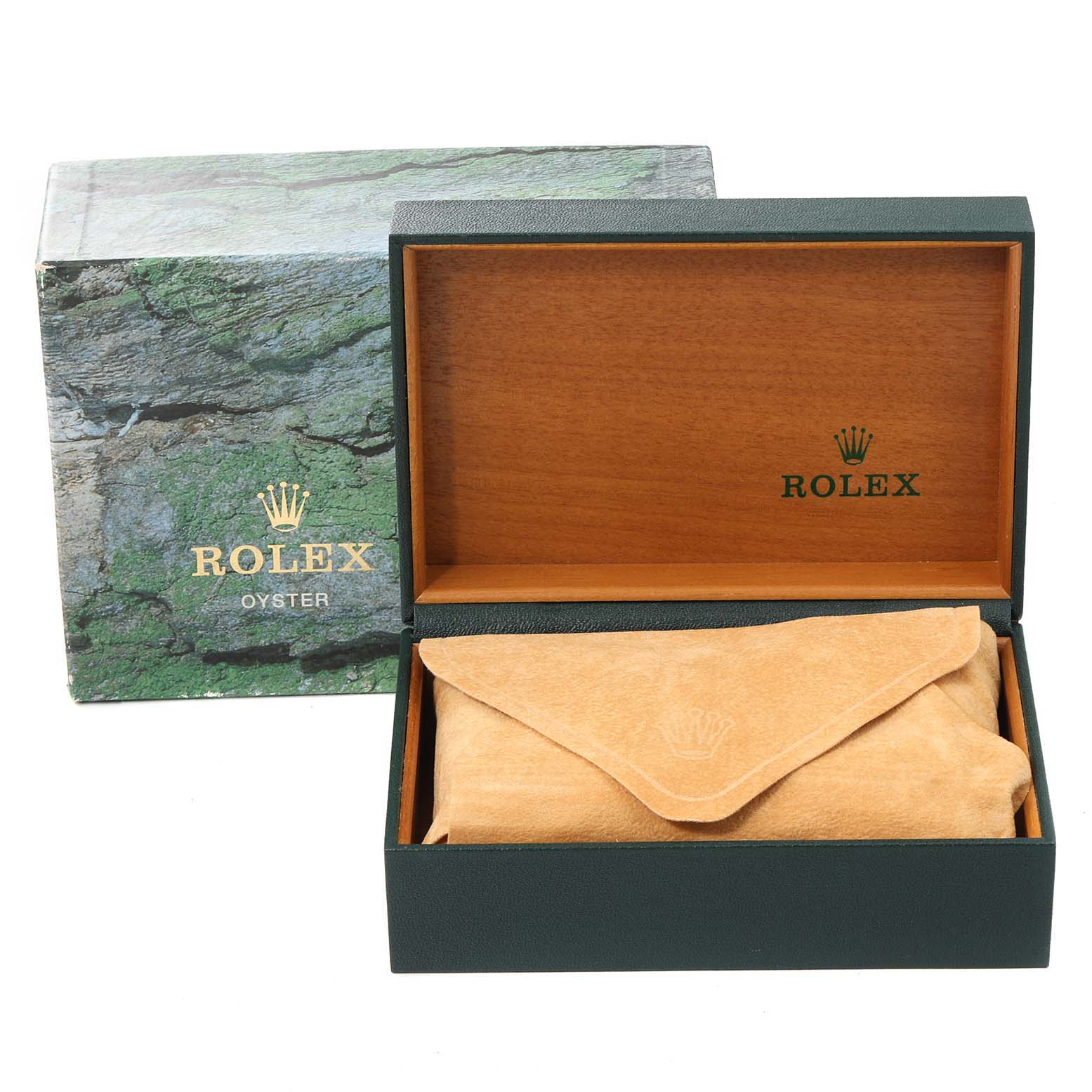 The image shows a Rolex Datejust 16233 Men's Steel and Gold (two tone) Champagne Dial 16233 Men's Steel and Gold (two tone) Champagne Dial watch box set, including the outer box, inner wooden box, and suede watch pouch.