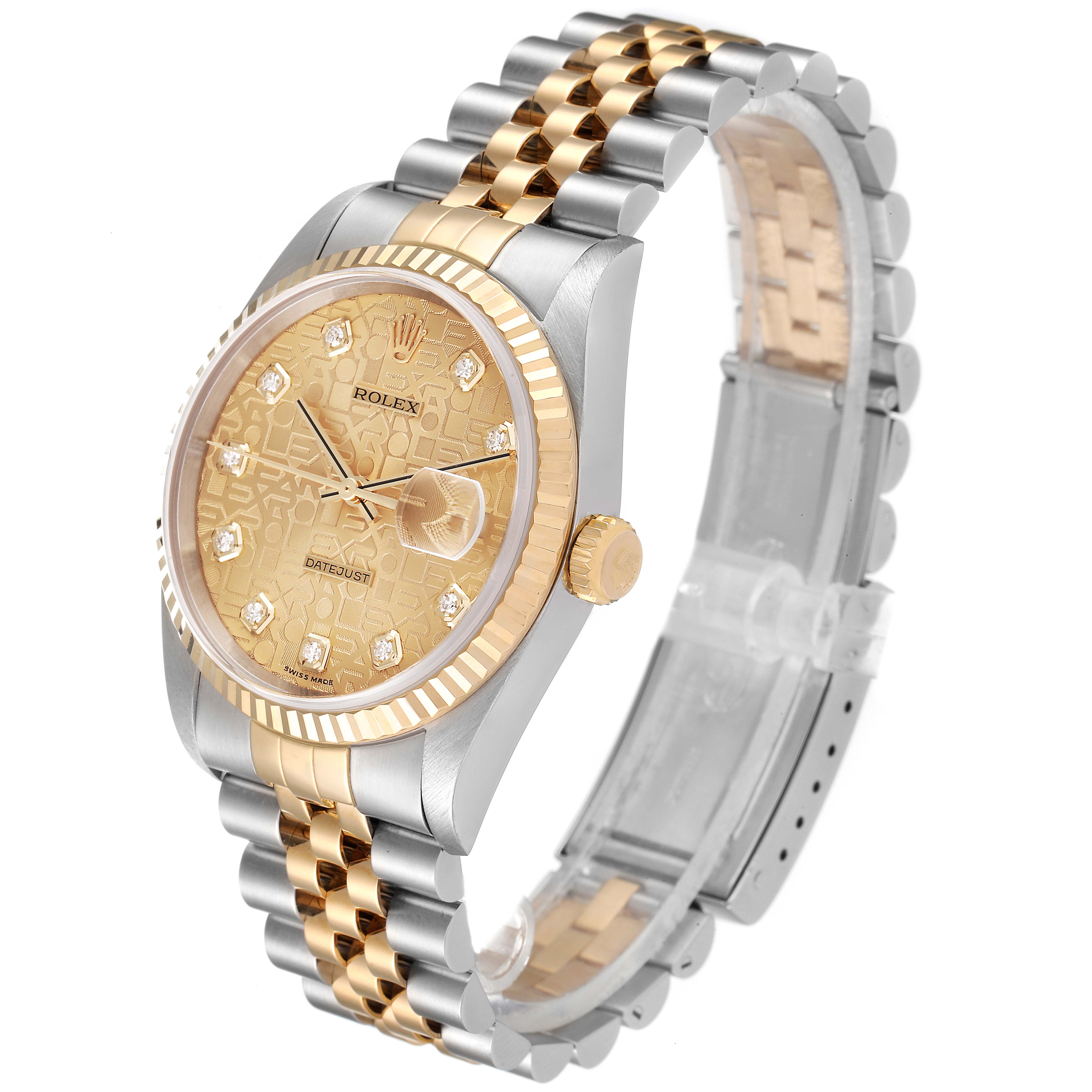 The image shows a Rolex Datejust 16233 Men's Steel and Gold (two tone) Champagne Dial 16233 Men's Steel and Gold (two tone) Champagne Dial watch at a three-quarter angle, displaying the dial, bezel, crown, and part of the bracelet.