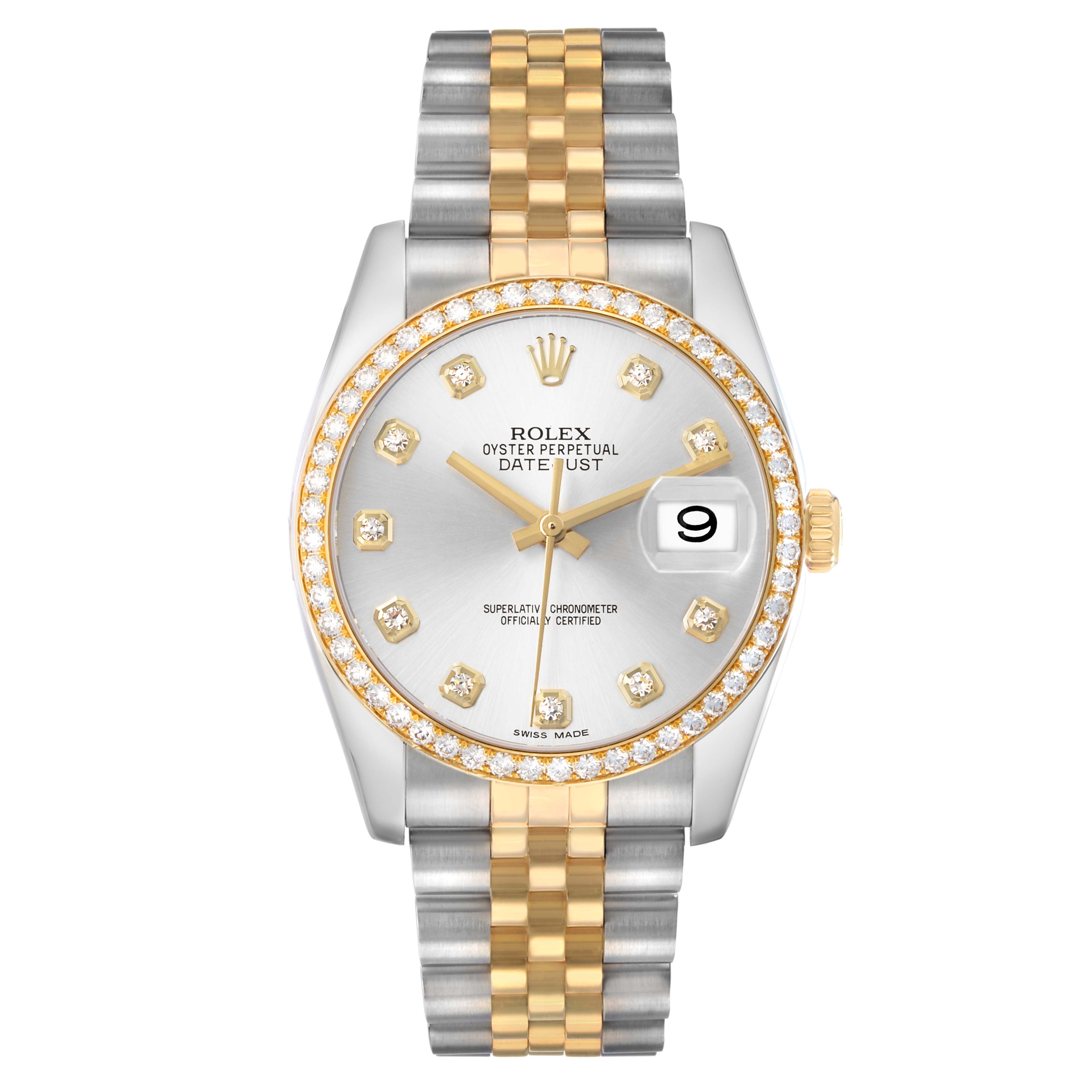 The Rolex Datejust 116243 Men's Steel and Gold (two tone) Silver Dial watch is shown from a top view, displaying its two-tone bracelet, diamond-encrusted bezel, and dial with a date feature.