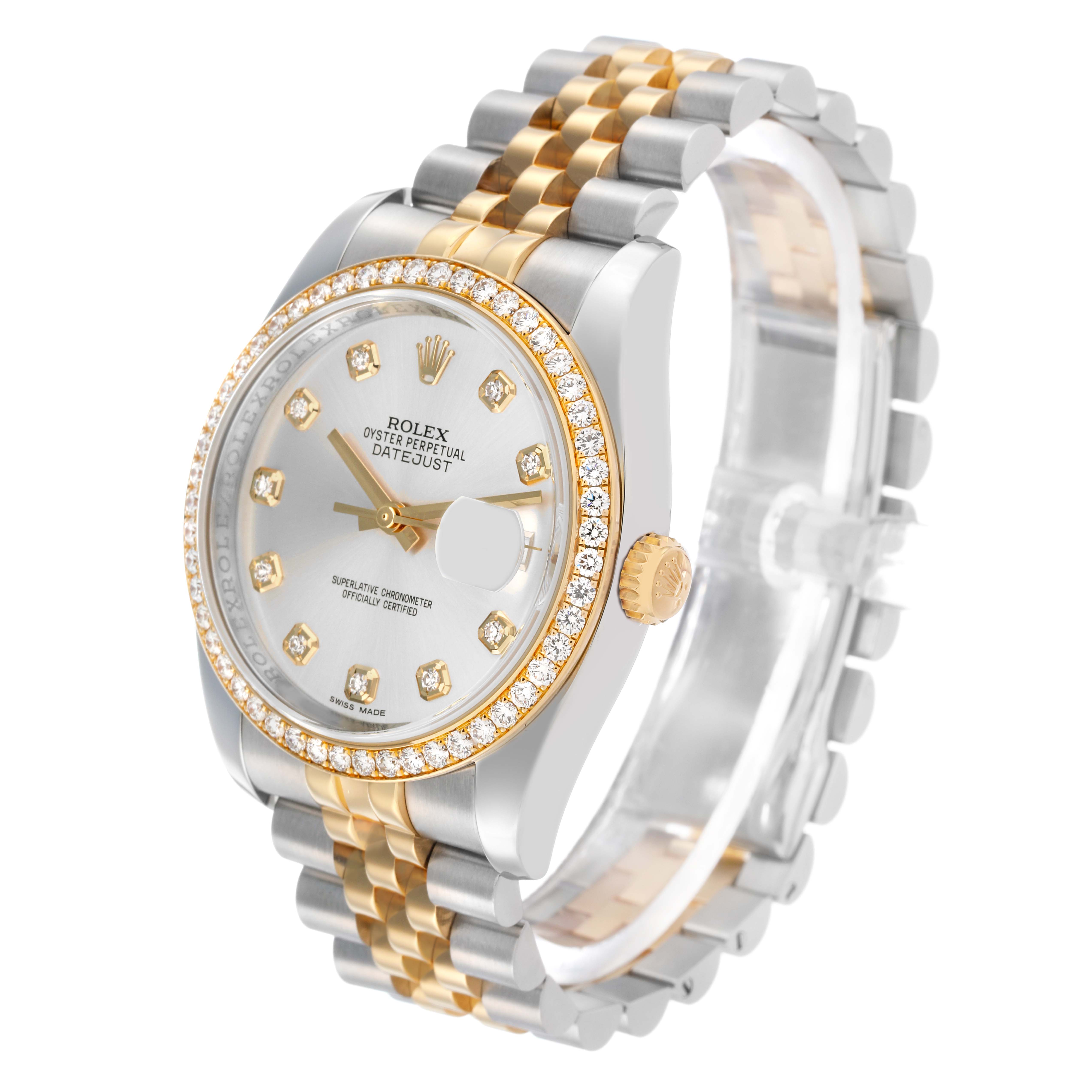 The Rolex Datejust 116243 Men's Steel and Gold (two tone) Silver Dial watch is shown at a three-quarter angle, displaying the face, bezel, crown, and jubilee bracelet.