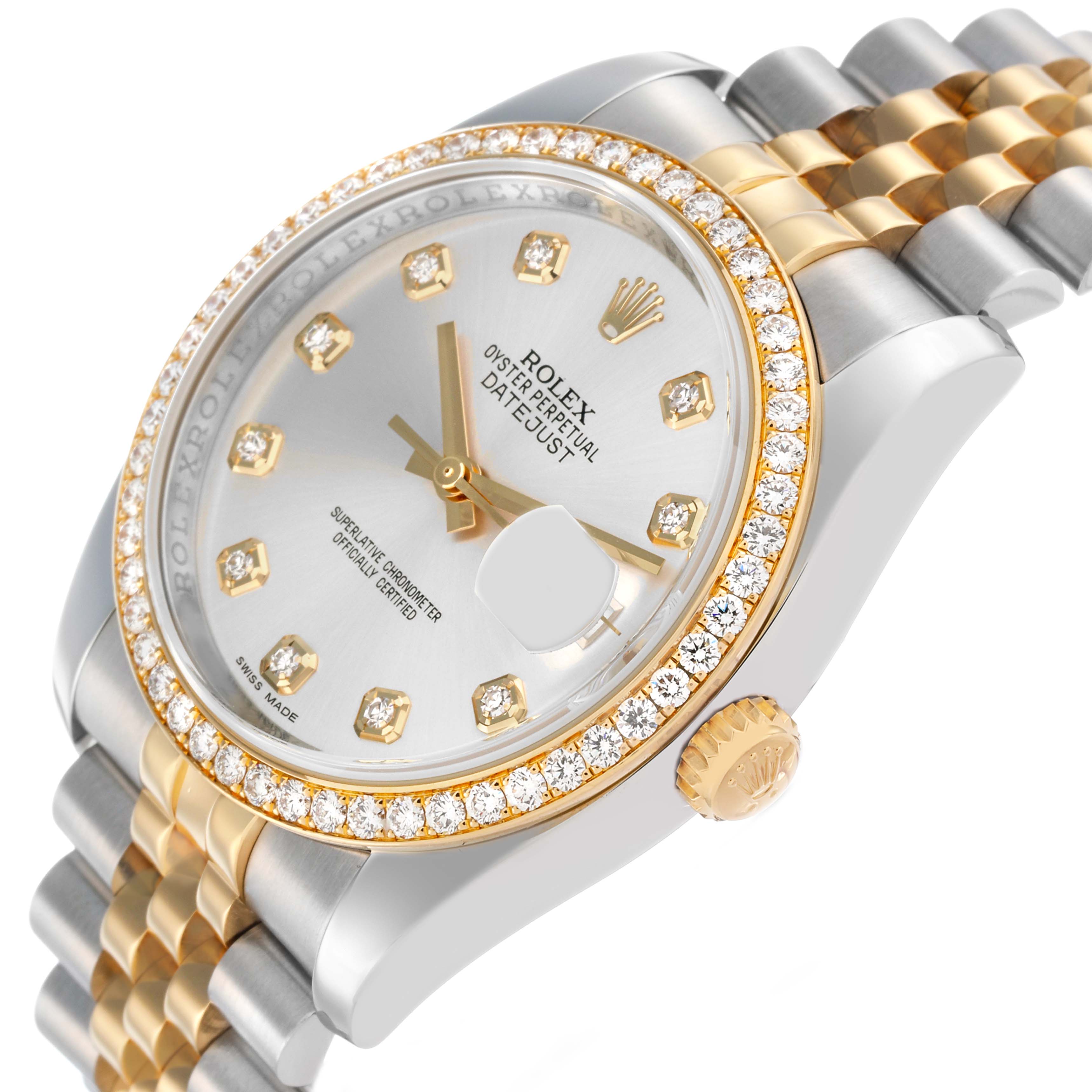 The Rolex Datejust 116243 Men's Steel and Gold (two tone) Silver Dial is shown at an angled view highlighting the diamond-studded bezel, dial, crown, and two-tone bracelet.