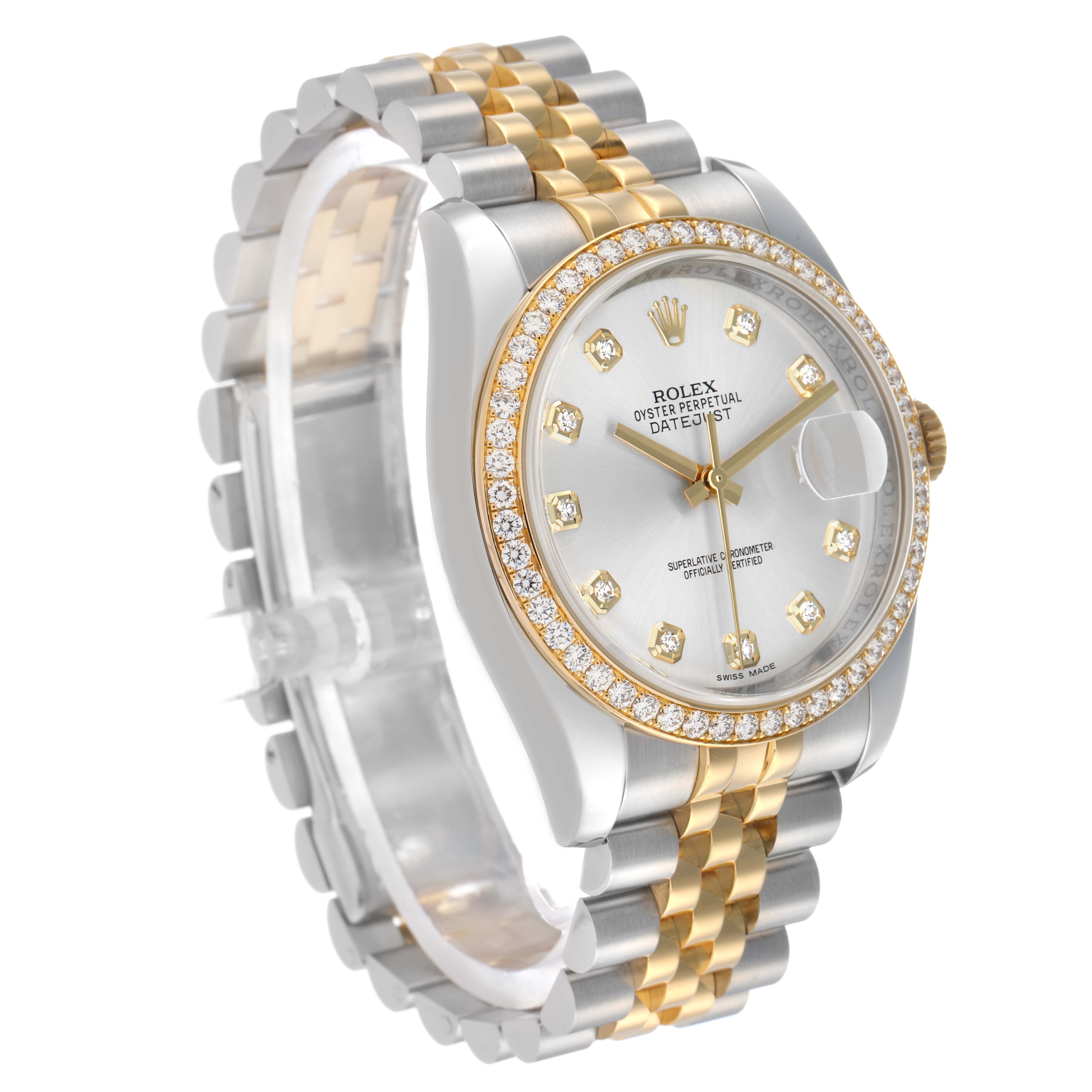 The Rolex Datejust 116243 Men's Steel and Gold (two tone) Silver Dial watch is shown at a three-quarter angle, highlighting the dial, bezel, and two-tone bracelet.
