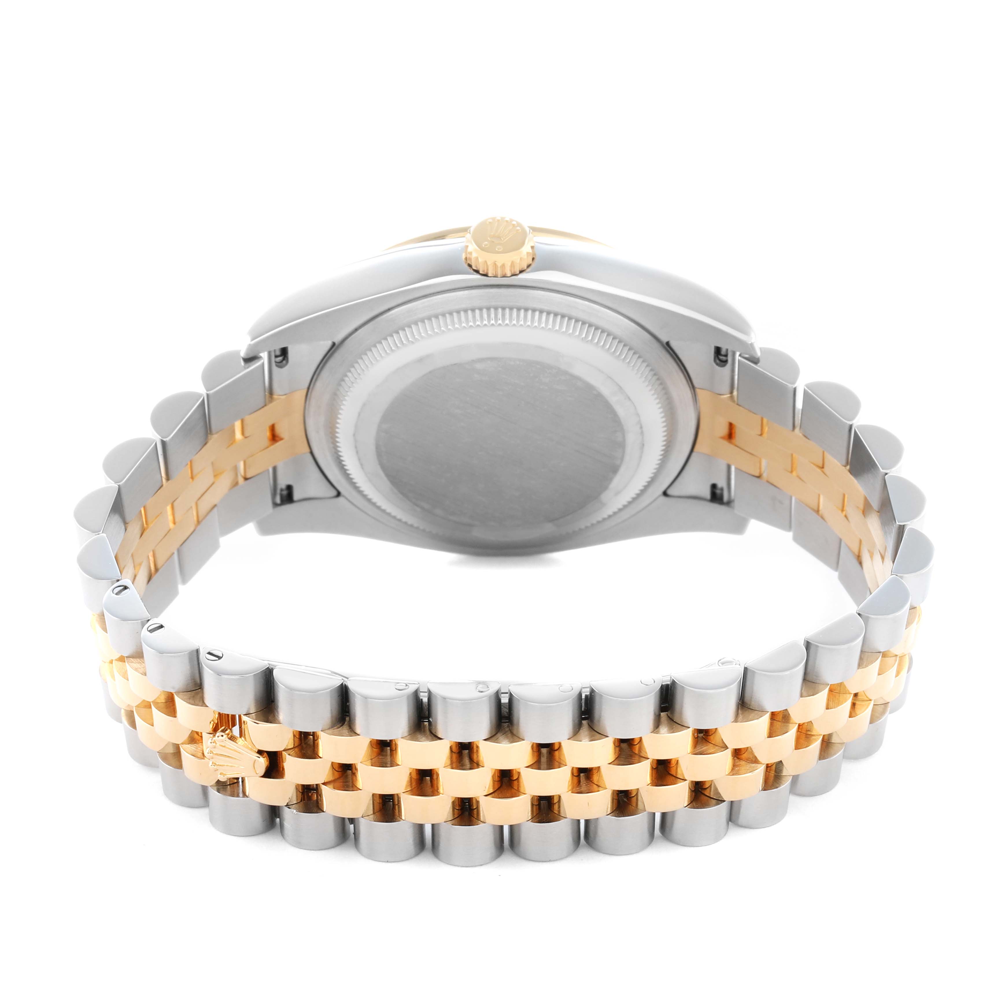 The image shows the back and side view of a Rolex Datejust 116243 Men's Steel and Gold (two tone) Silver Dial, highlighting the case back, crown, and two-tone bracelet.