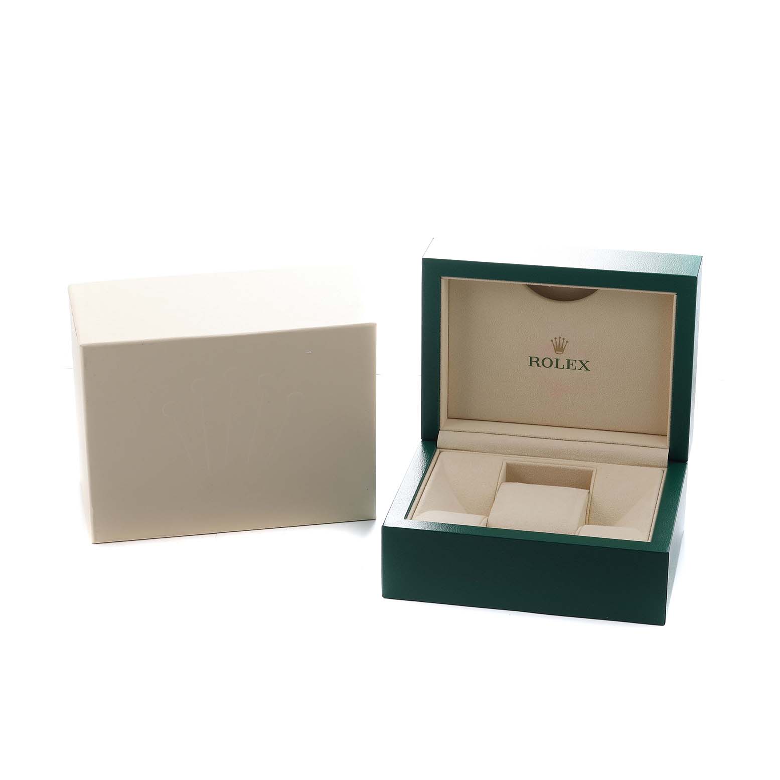 The image shows an open Rolex Datejust 116243 Men's Steel and Gold (two tone) Silver Dial watch box with its lid displaying the brand's logo, alongside its outer packaging.
