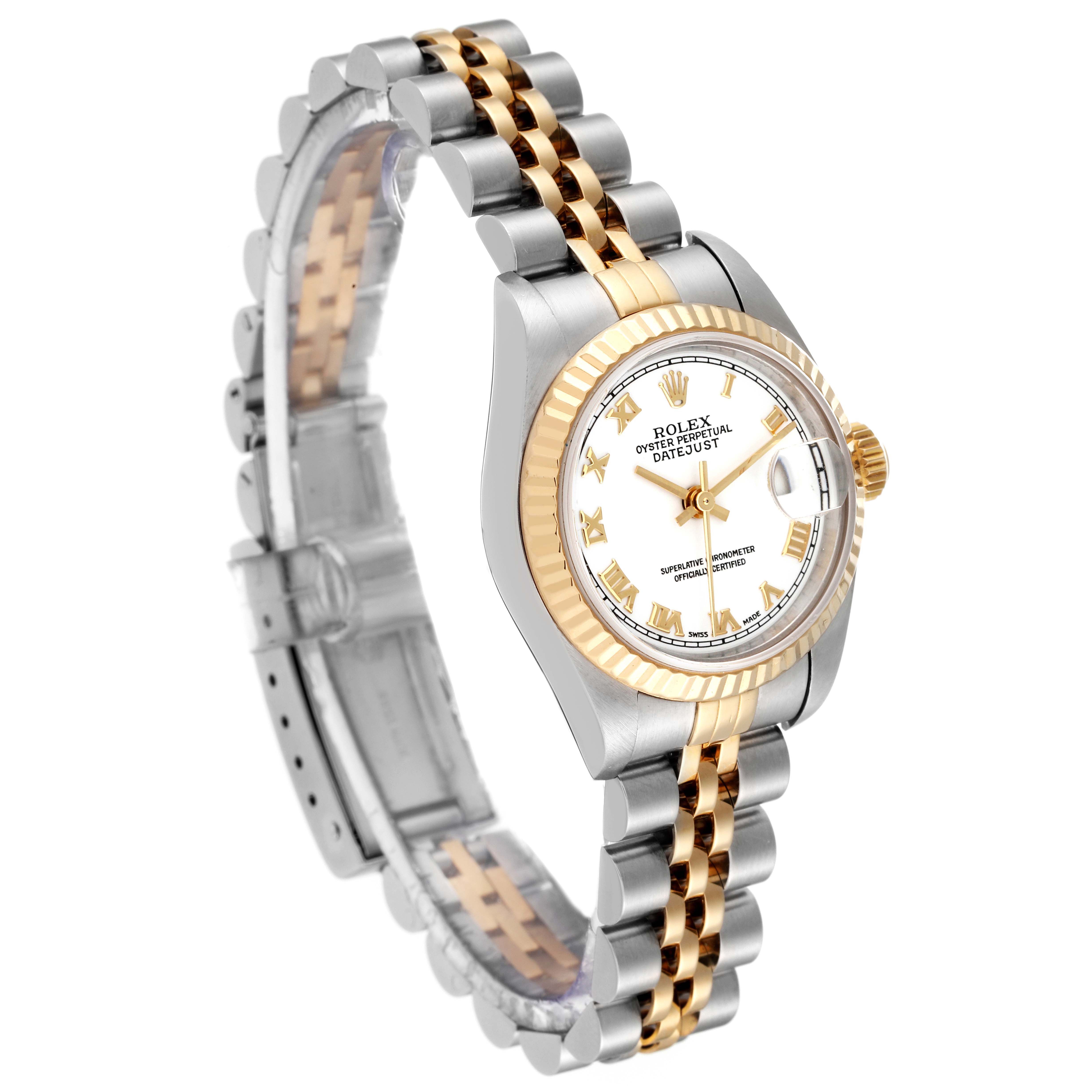 This image shows a Rolex Datejust 79173 Women's Stainless Steel White Dial 79173 Women's Stainless Steel White Dial watch at a slight angle, highlighting its dial, fluted bezel, and two-tone bracelet.