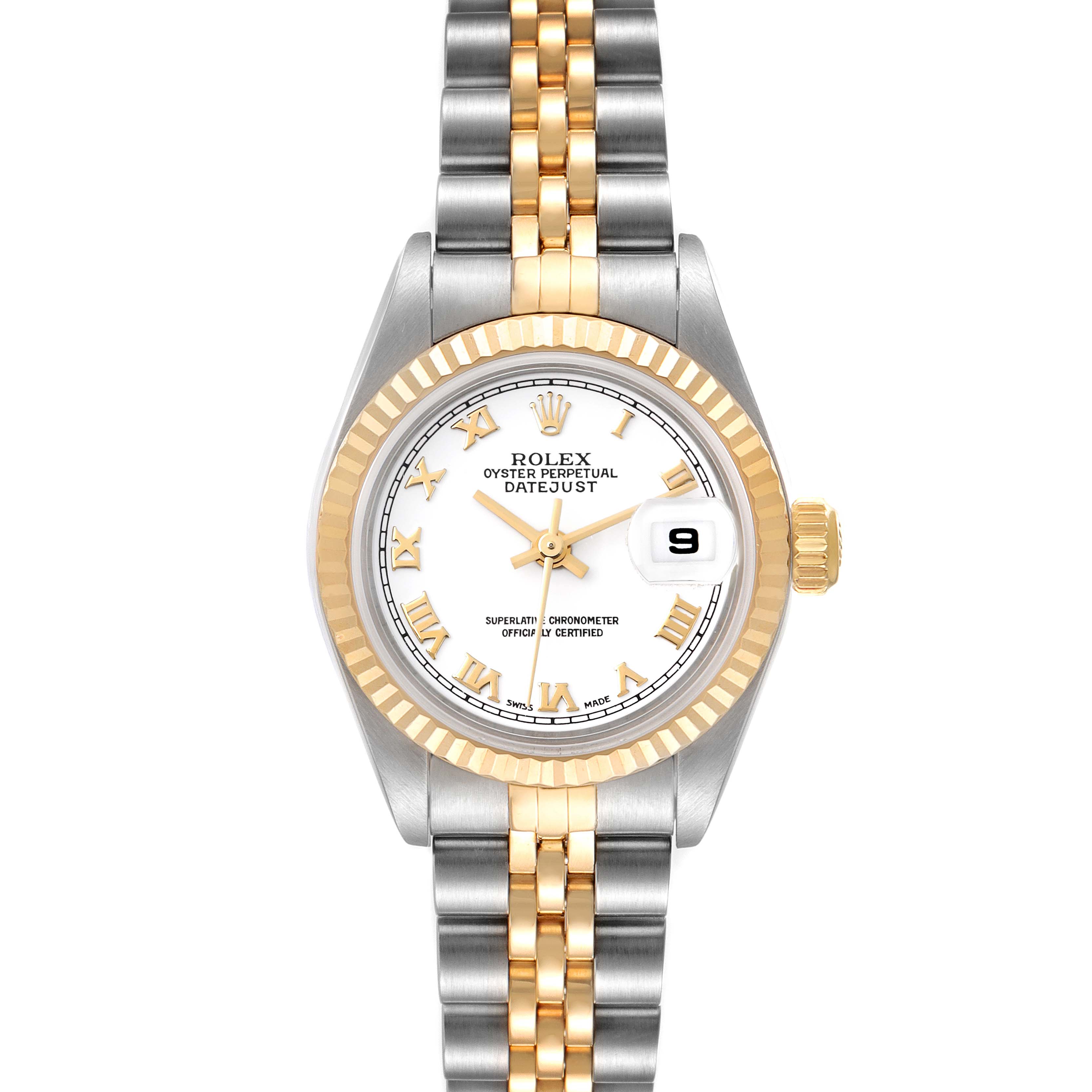 This image shows a front view of a Rolex Datejust 79173 Women's Stainless Steel White Dial 79173 Women's Stainless Steel White Dial watch, highlighting the face, bezel, crown, and bracelet.
