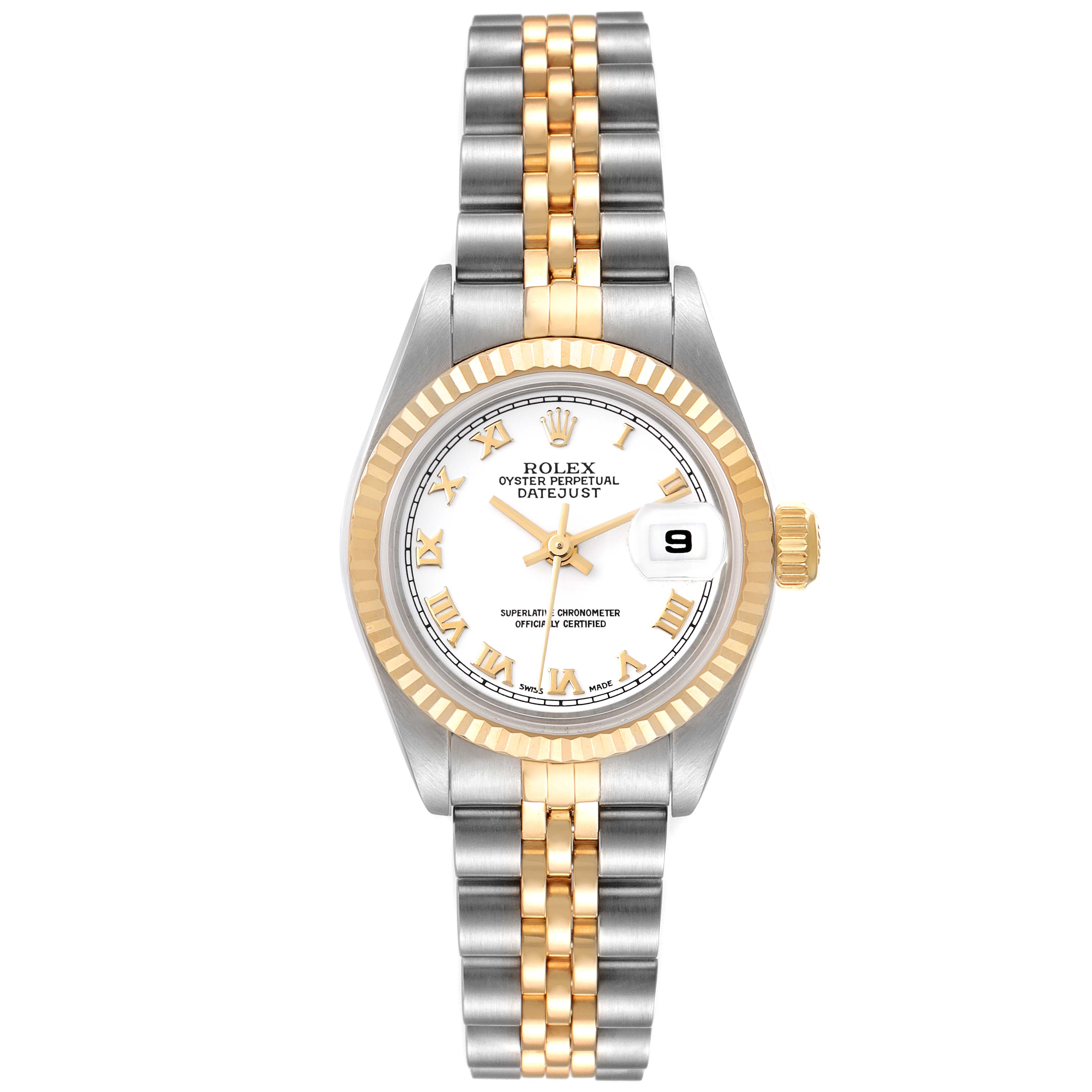 This image displays the front view of a Rolex Datejust 79173 Women's Stainless Steel White Dial 79173 Women's Stainless Steel White Dial watch, showcasing its dial, bezel, and bracelet.