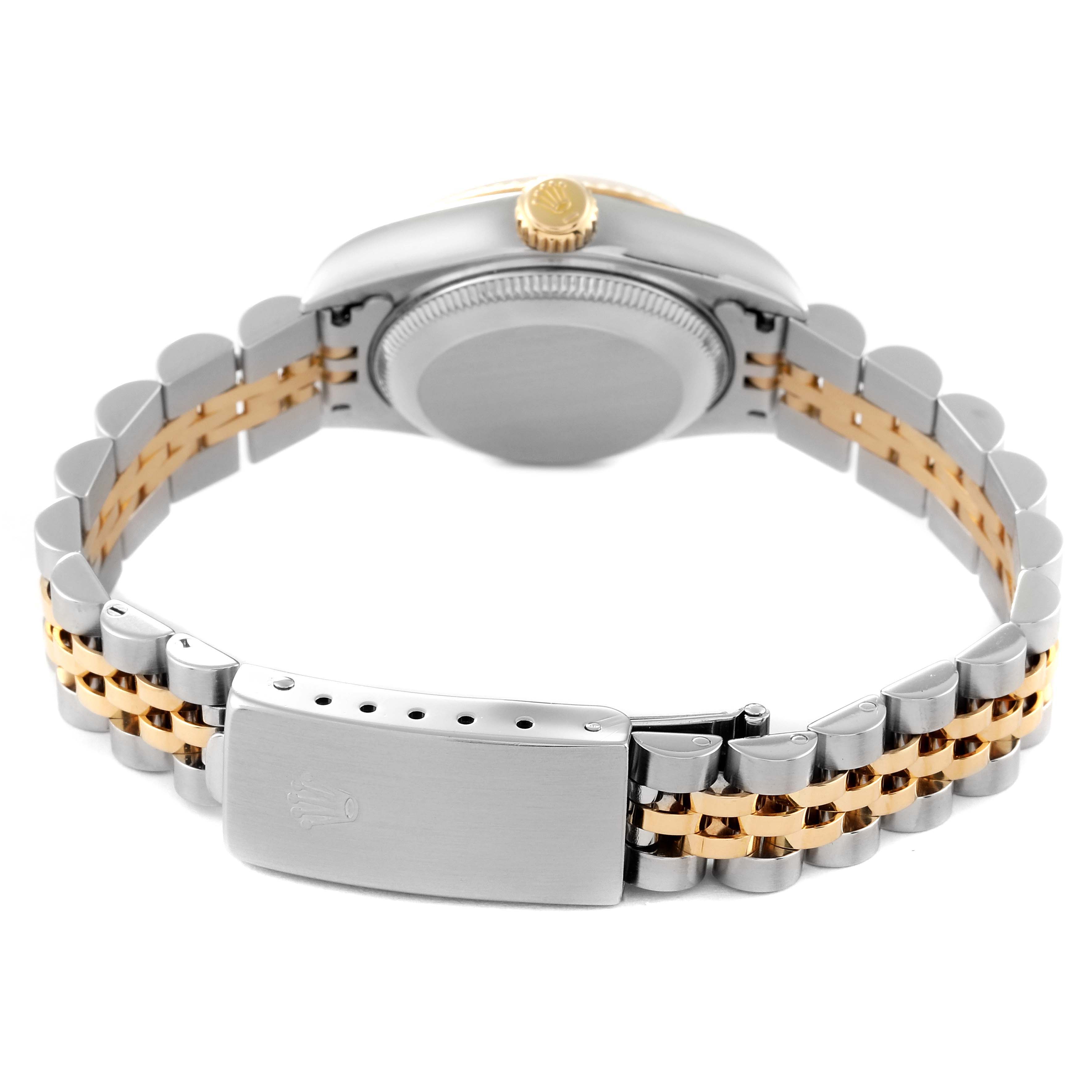 The image shows the back and bracelet of a Rolex Datejust 79173 Women's Stainless Steel White Dial 79173 Women's Stainless Steel White Dial watch, highlighting its clasp and two-tone metal design.