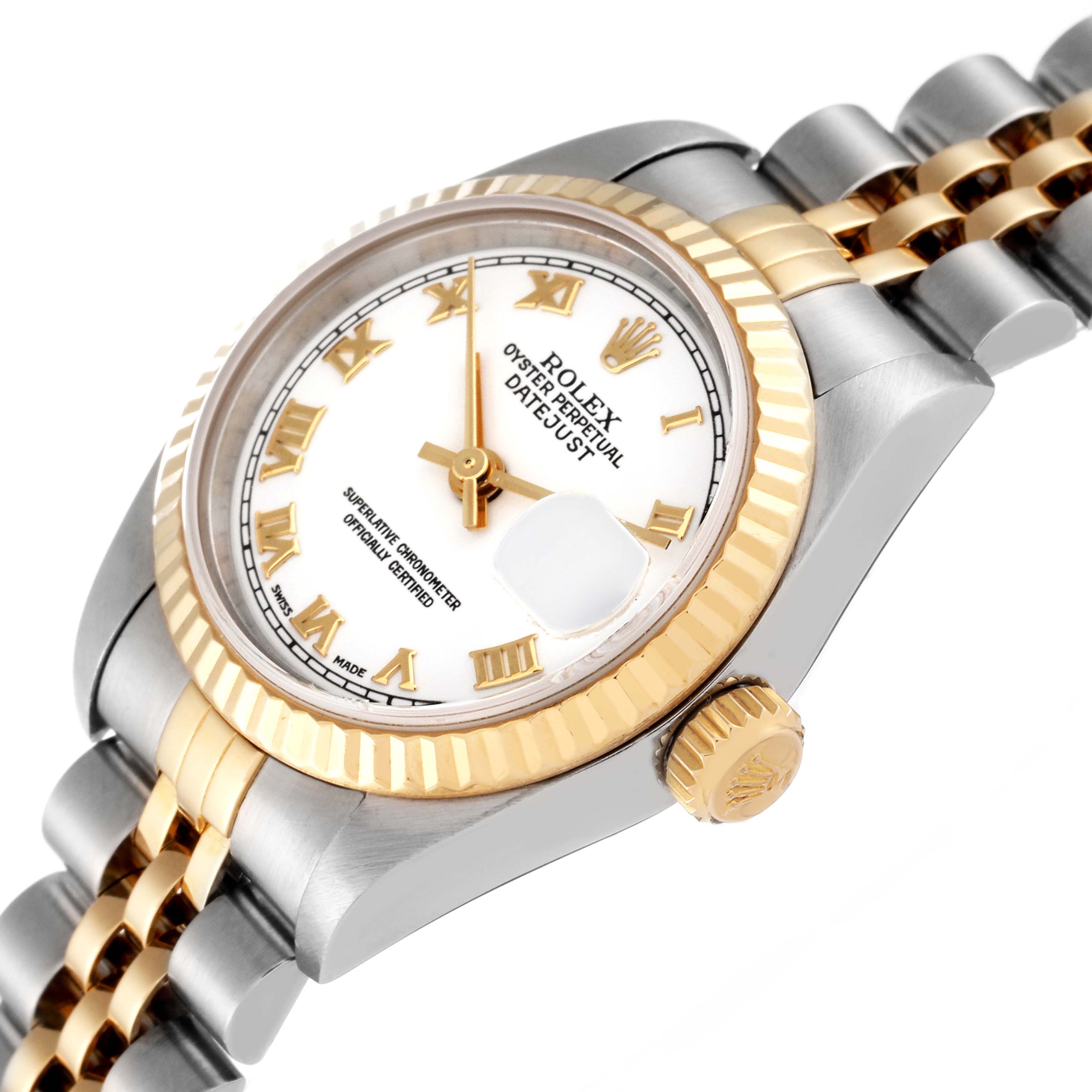The image shows the Rolex Datejust 79173 Women's Stainless Steel White Dial 79173 Women's Stainless Steel White Dial watch at a slight angle, highlighting the face, bezel, crown, and part of the bracelet.