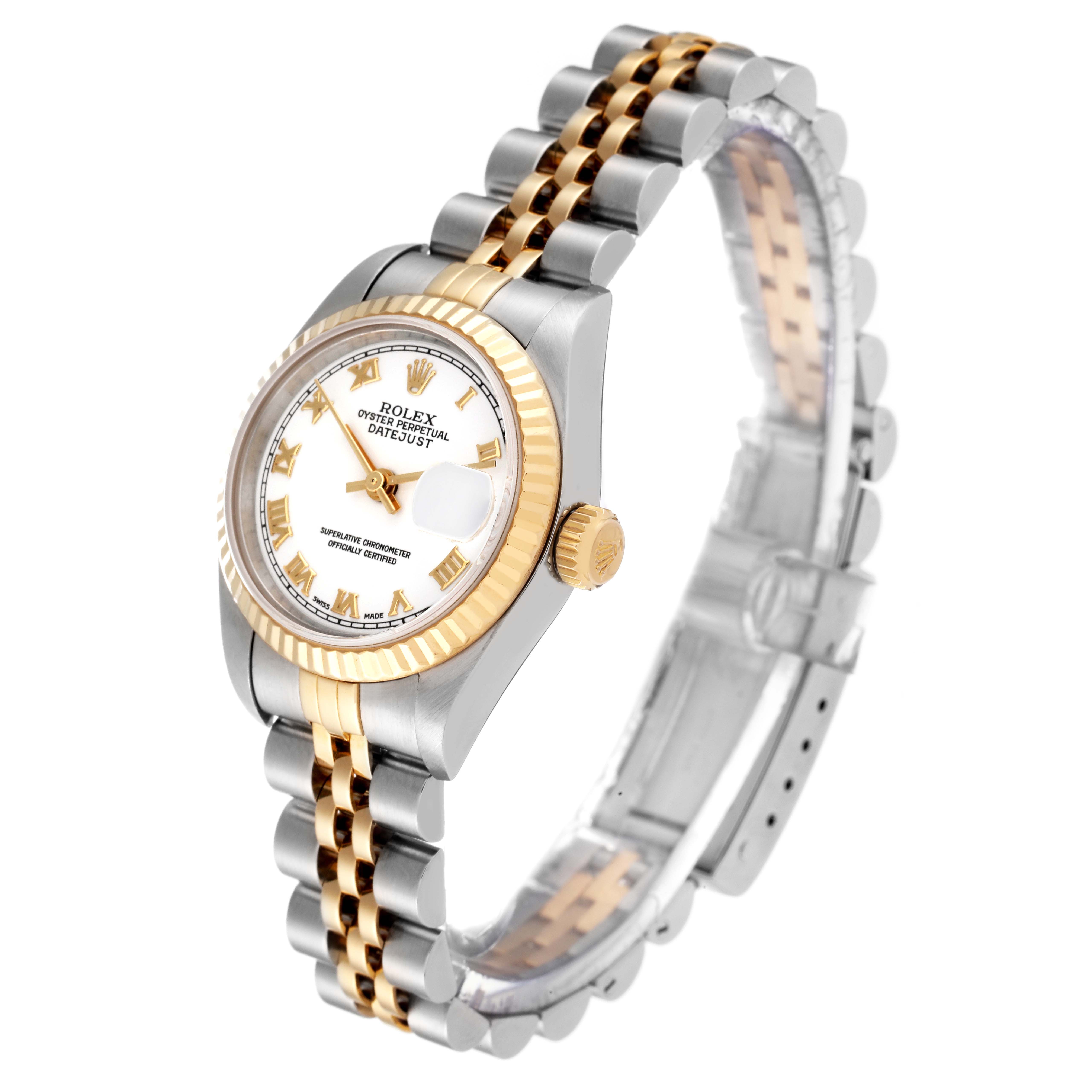 The image shows a side-angle view of the Rolex Datejust 79173 Women's Stainless Steel White Dial 79173 Women's Stainless Steel White Dial model, highlighting the two-tone bracelet, fluted bezel, and dial details.