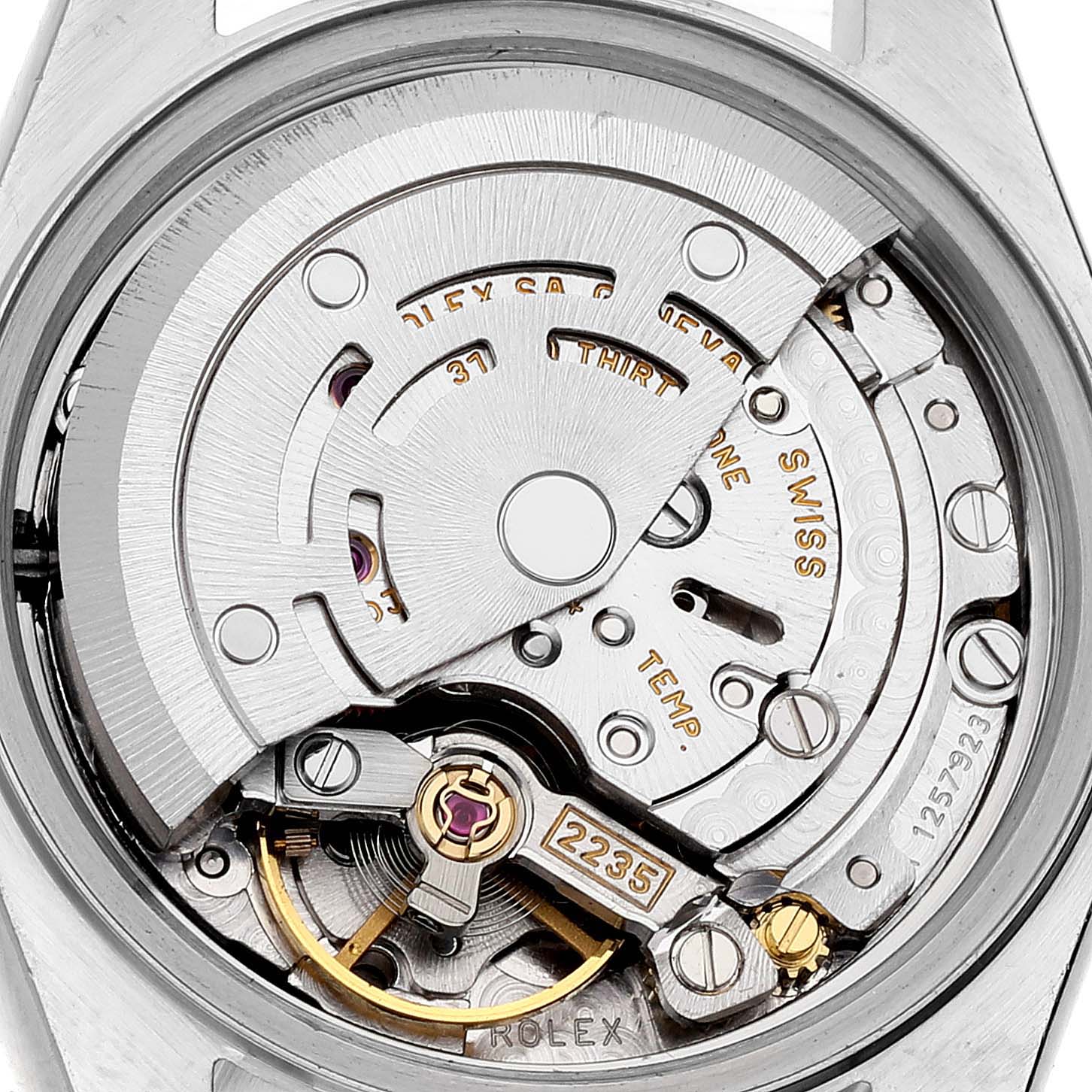 The image shows a close-up view of the internal mechanical movement of a Rolex Datejust 79173 Women's Stainless Steel White Dial 79173 Women's Stainless Steel White Dial watch.