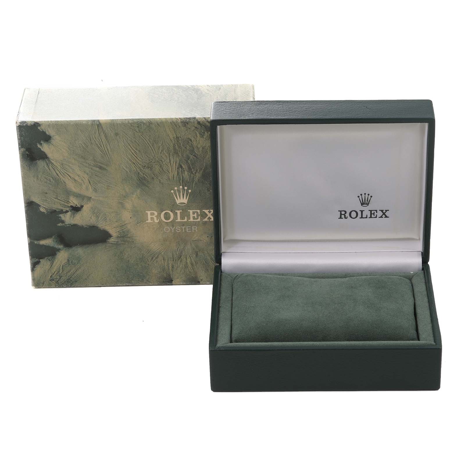 This image shows a Rolex Datejust 16013 Men's Stainless Steel White Dial 16013 Men's Stainless Steel White Dial watch box set, including an open watch box and its outer packaging.