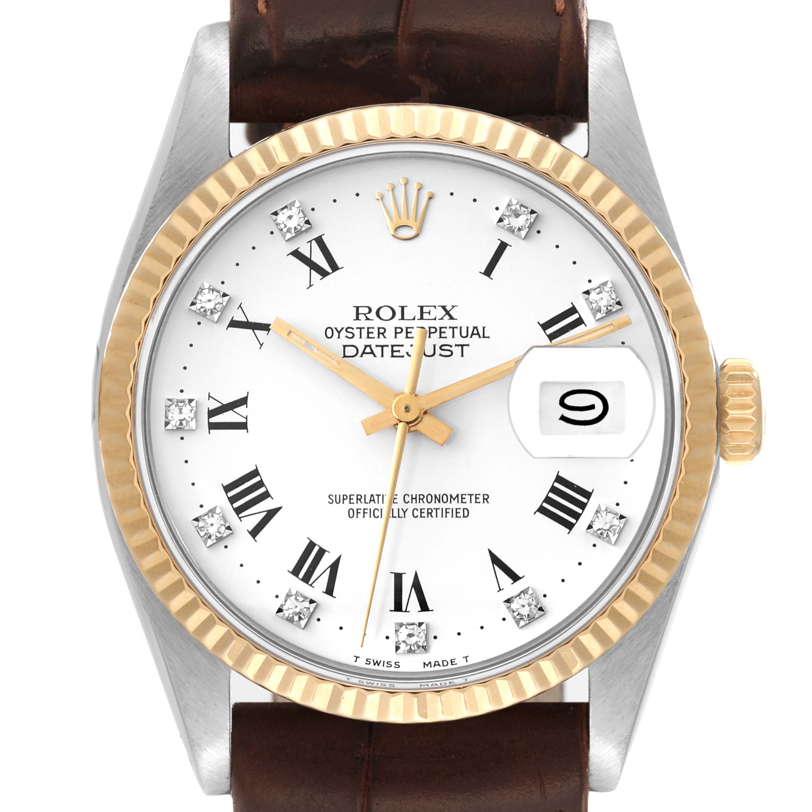 The Rolex Datejust 16013 Men's Stainless Steel White Dial 16013 Men's Stainless Steel White Dial watch is shown from a top-down angle, highlighting the dial, bezel, crown, and part of the leather strap.