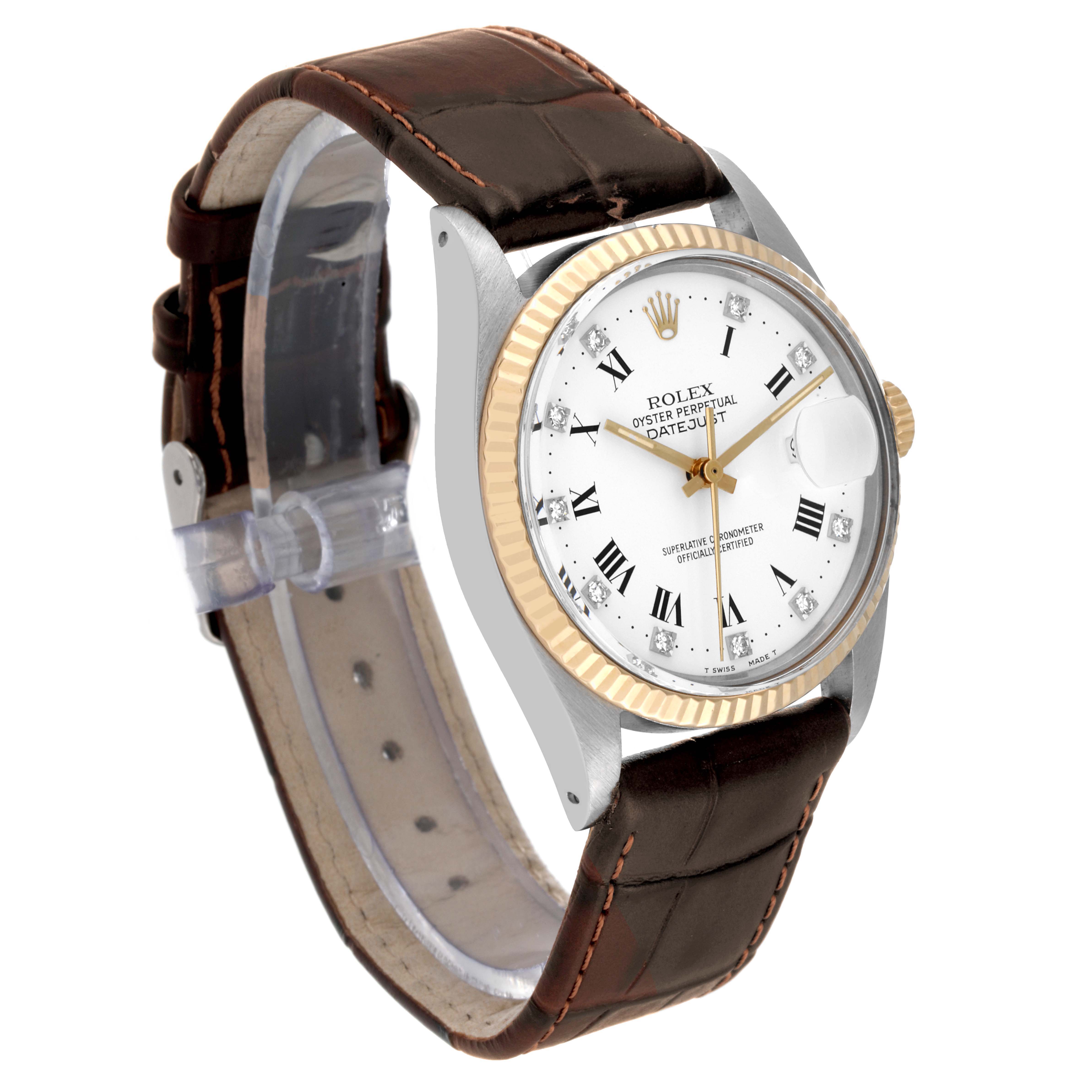 The image shows a Rolex Datejust 16013 Men's Stainless Steel White Dial 16013 Men's Stainless Steel White Dial watch with a white dial and a leather strap, angled slightly from the front-left side.