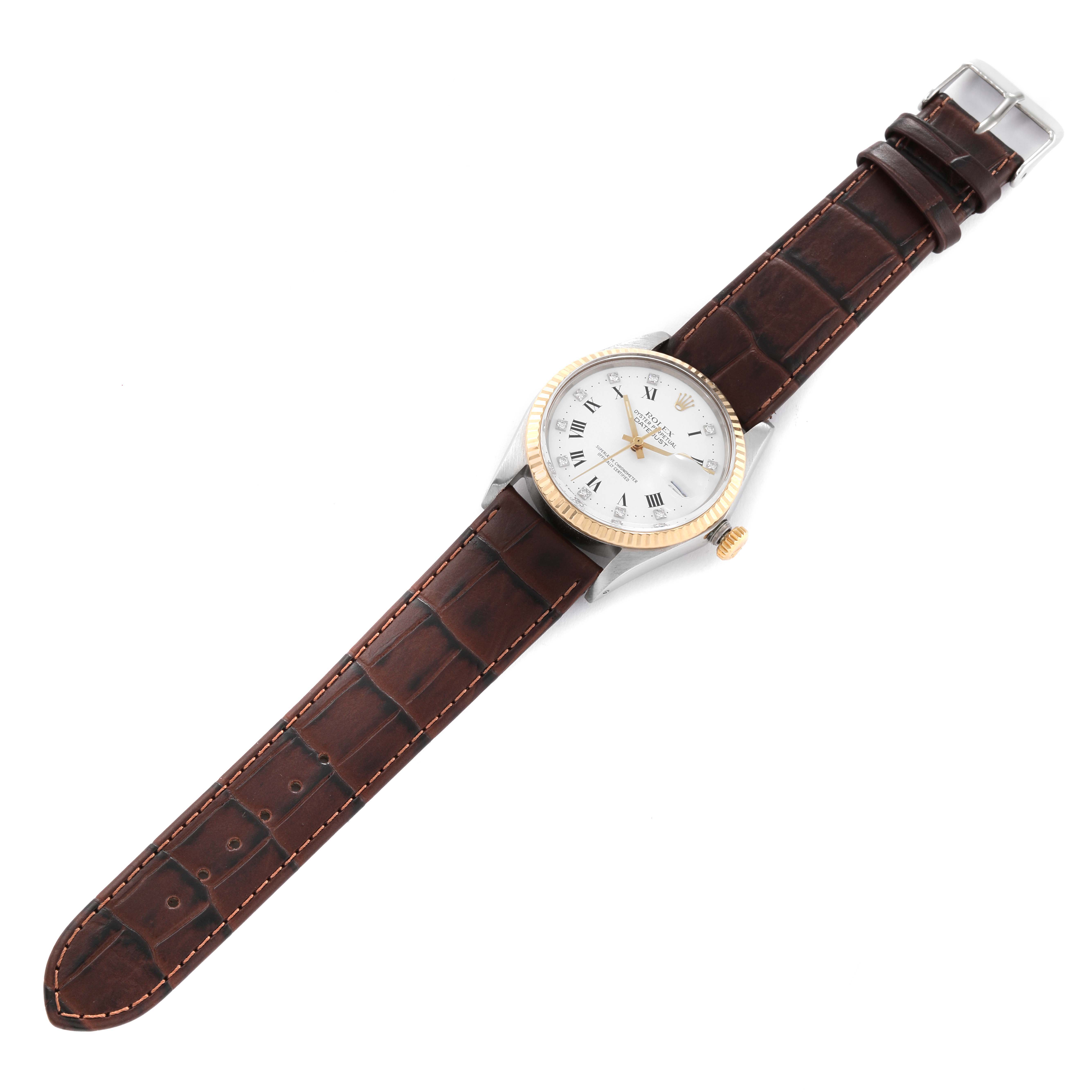 The image shows a Rolex Datejust 16013 Men's Stainless Steel White Dial 16013 Men's Stainless Steel White Dial watch from a top-down angle, featuring a brown leather strap and a silver dial with Roman numerals.