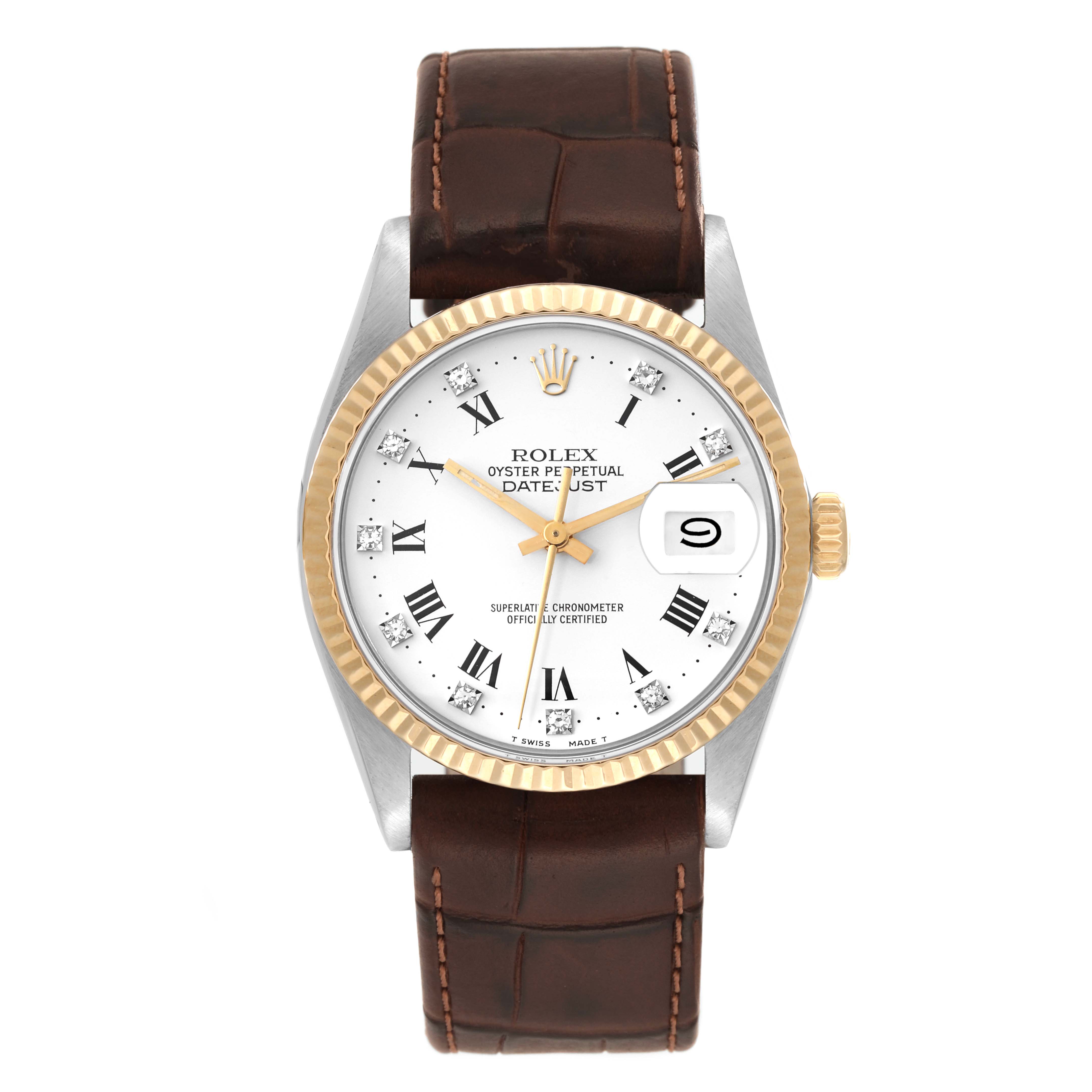 This image shows a Rolex Datejust 16013 Men's Stainless Steel White Dial 16013 Men's Stainless Steel White Dial watch from a front angle, displaying its dial, bezel, crown, and brown leather strap.