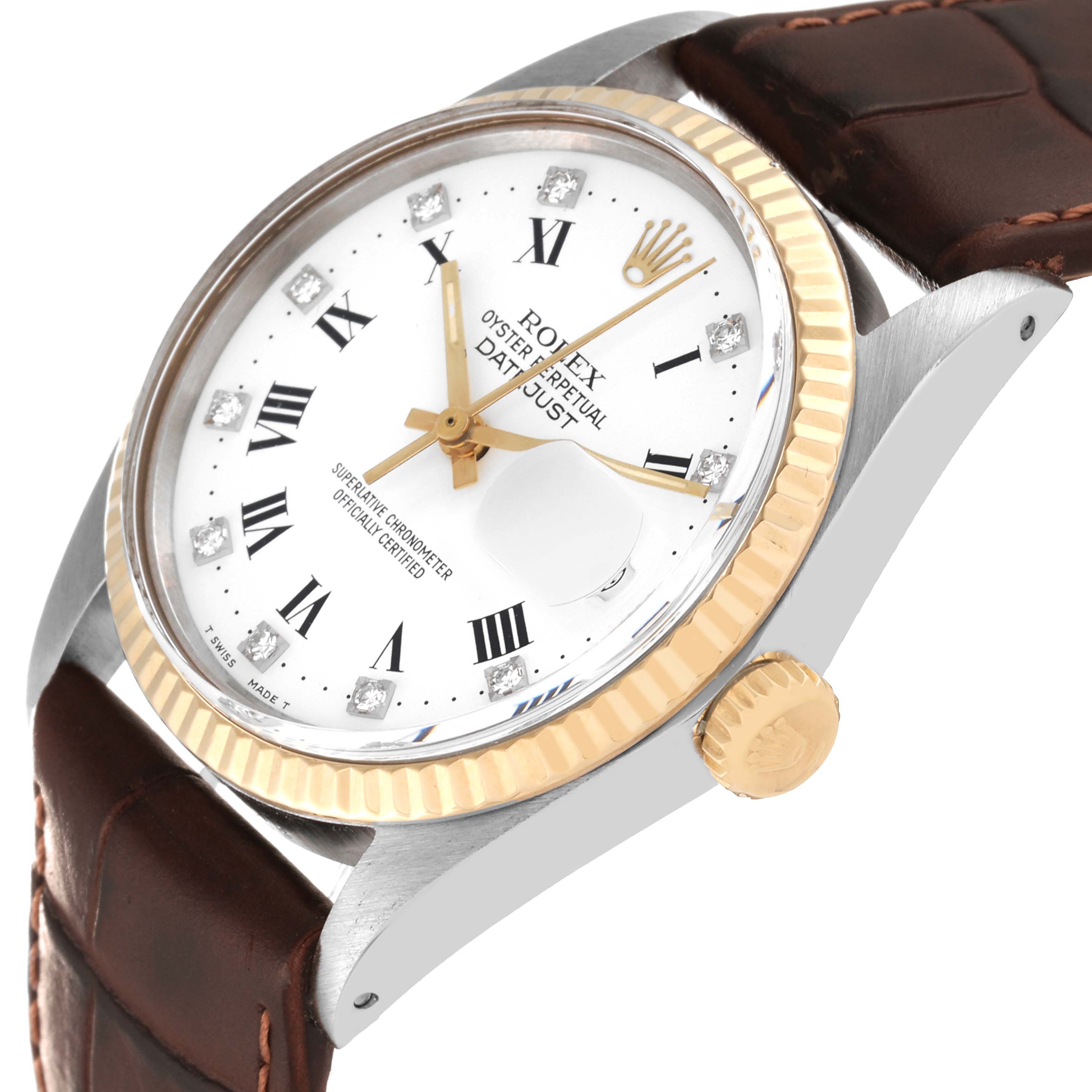 The image shows a close-up, angled view of a Rolex Datejust 16013 Men's Stainless Steel White Dial 16013 Men's Stainless Steel White Dial watch, highlighting the dial, bezel, crown, and leather strap.