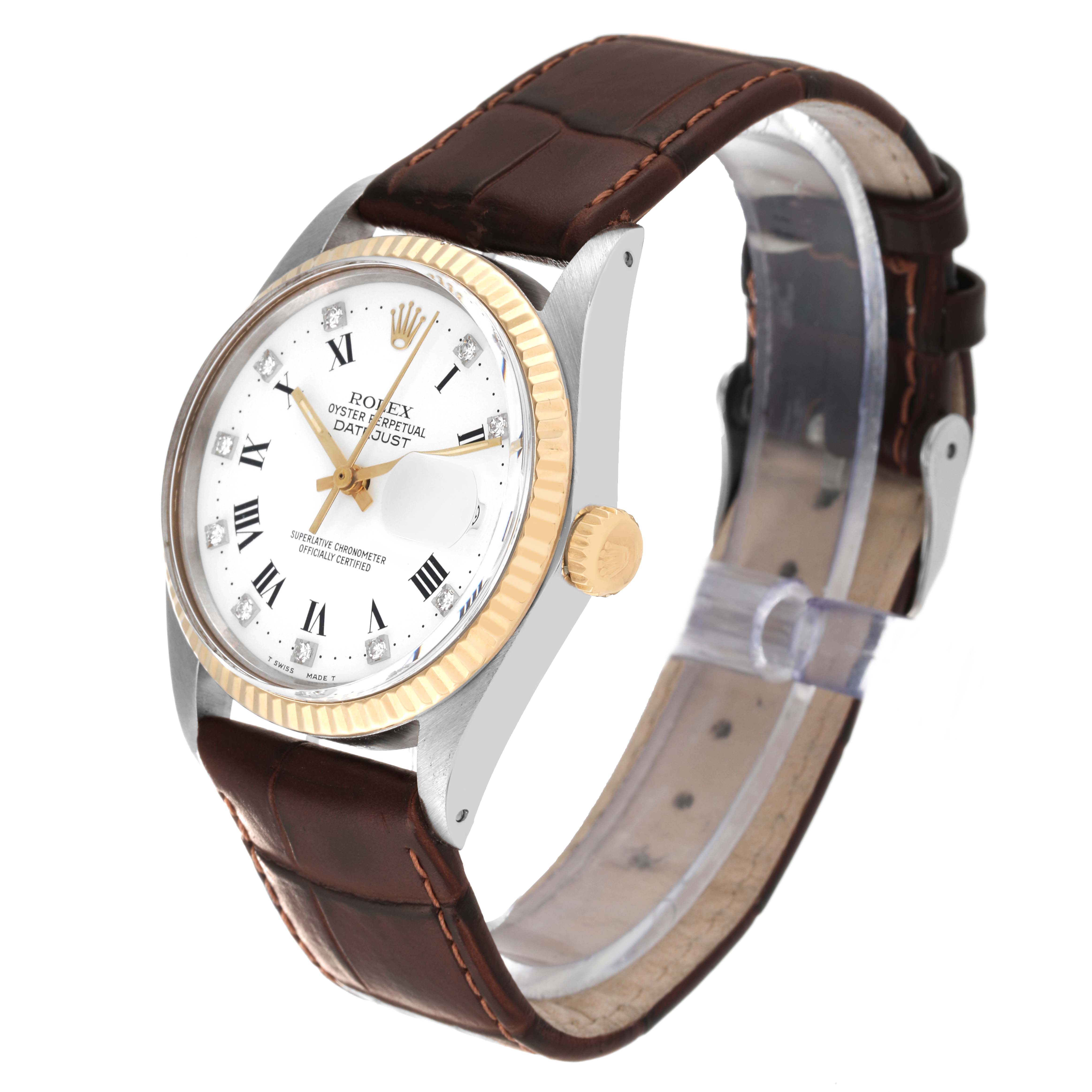 The Rolex Datejust 16013 Men's Stainless Steel White Dial 16013 Men's Stainless Steel White Dial watch is shown from a three-quarter angle, highlighting the dial, bezel, crown, and leather strap.