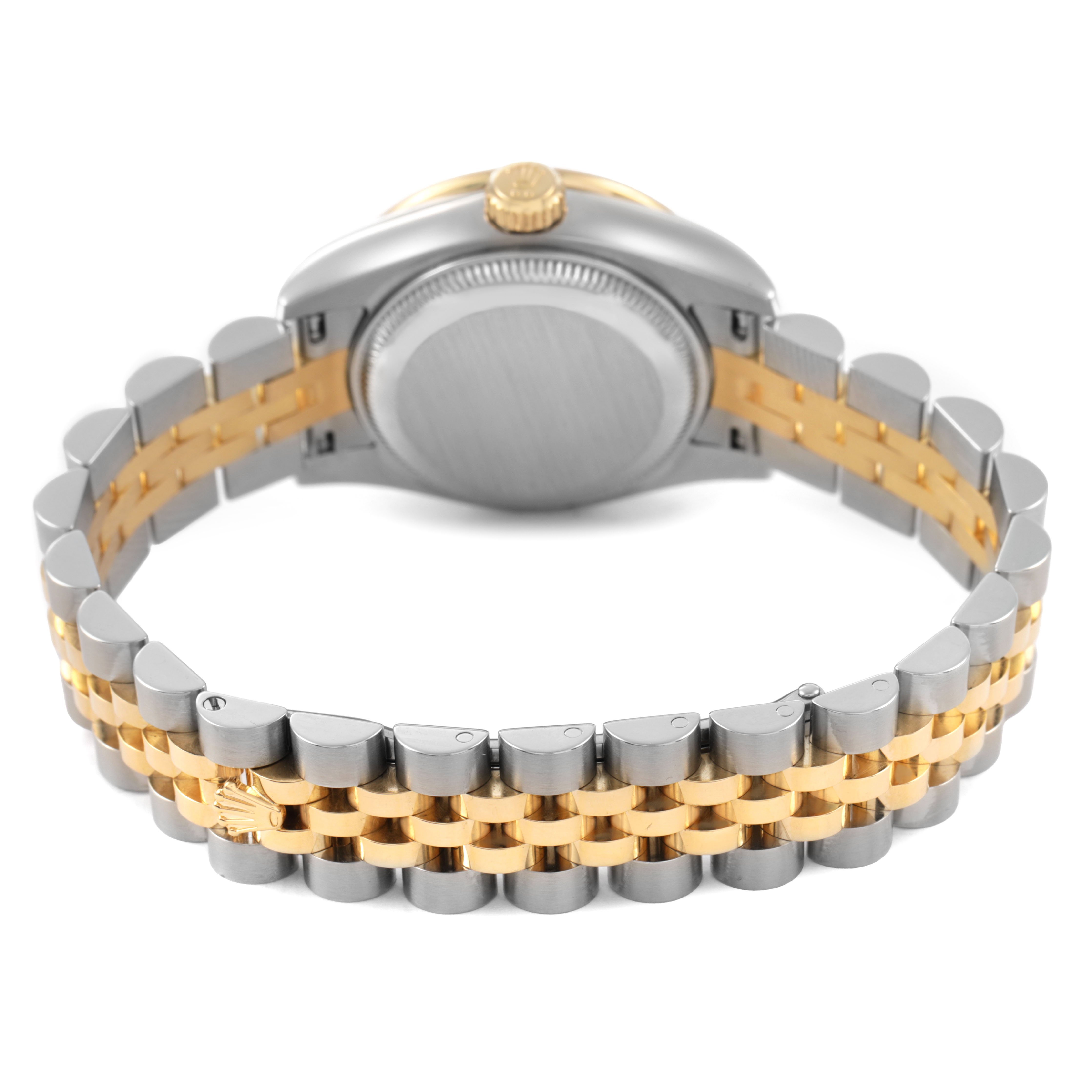 The image shows the back and bracelet of a Rolex Datejust 179383 Women's Steel and Gold (two tone) White Dial, highlighting the two-tone metal design and clasp.