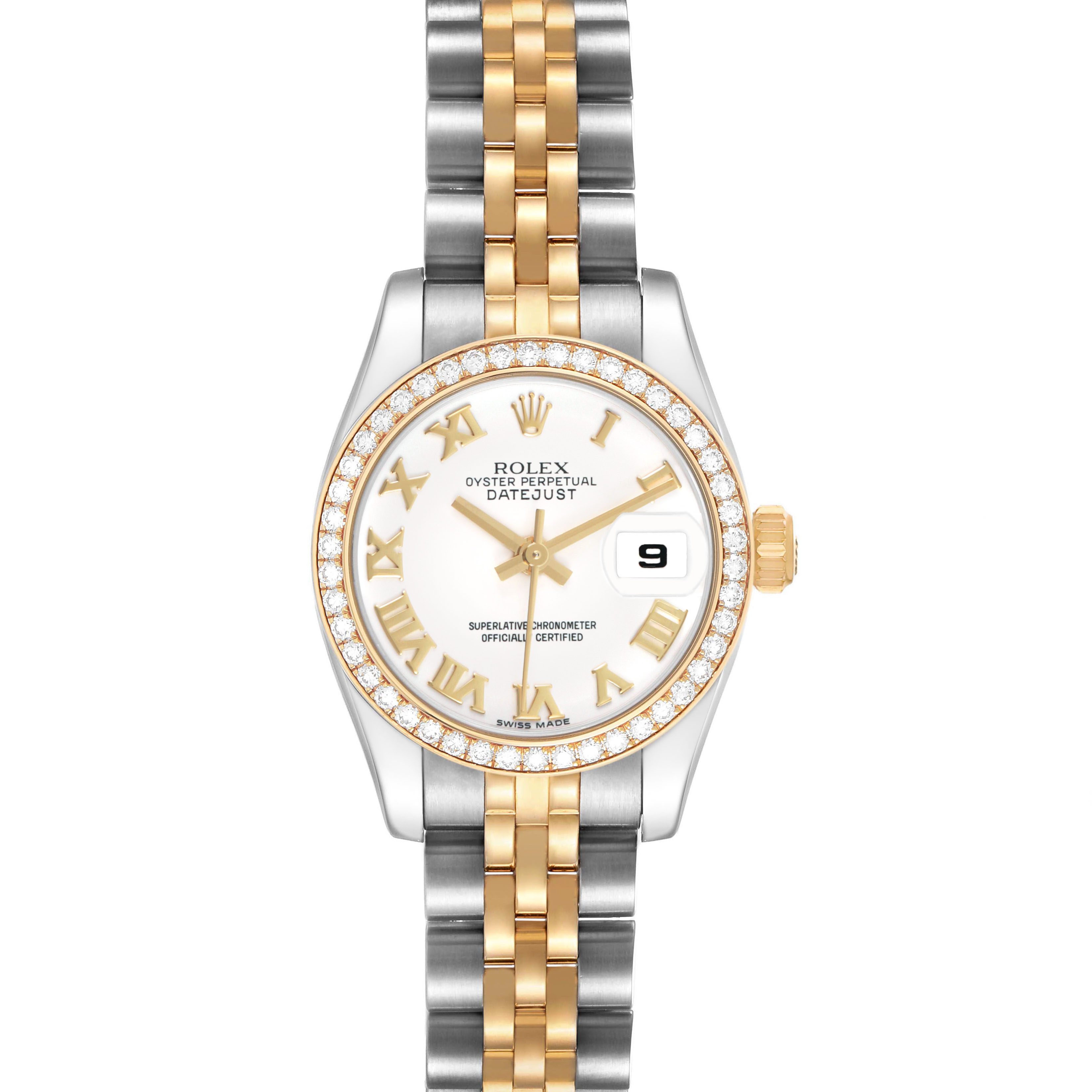 The Rolex Datejust 179383 Women's Steel and Gold (two tone) White Dial watch is shown from the front, displaying its face, bezel, crown, and bracelet.