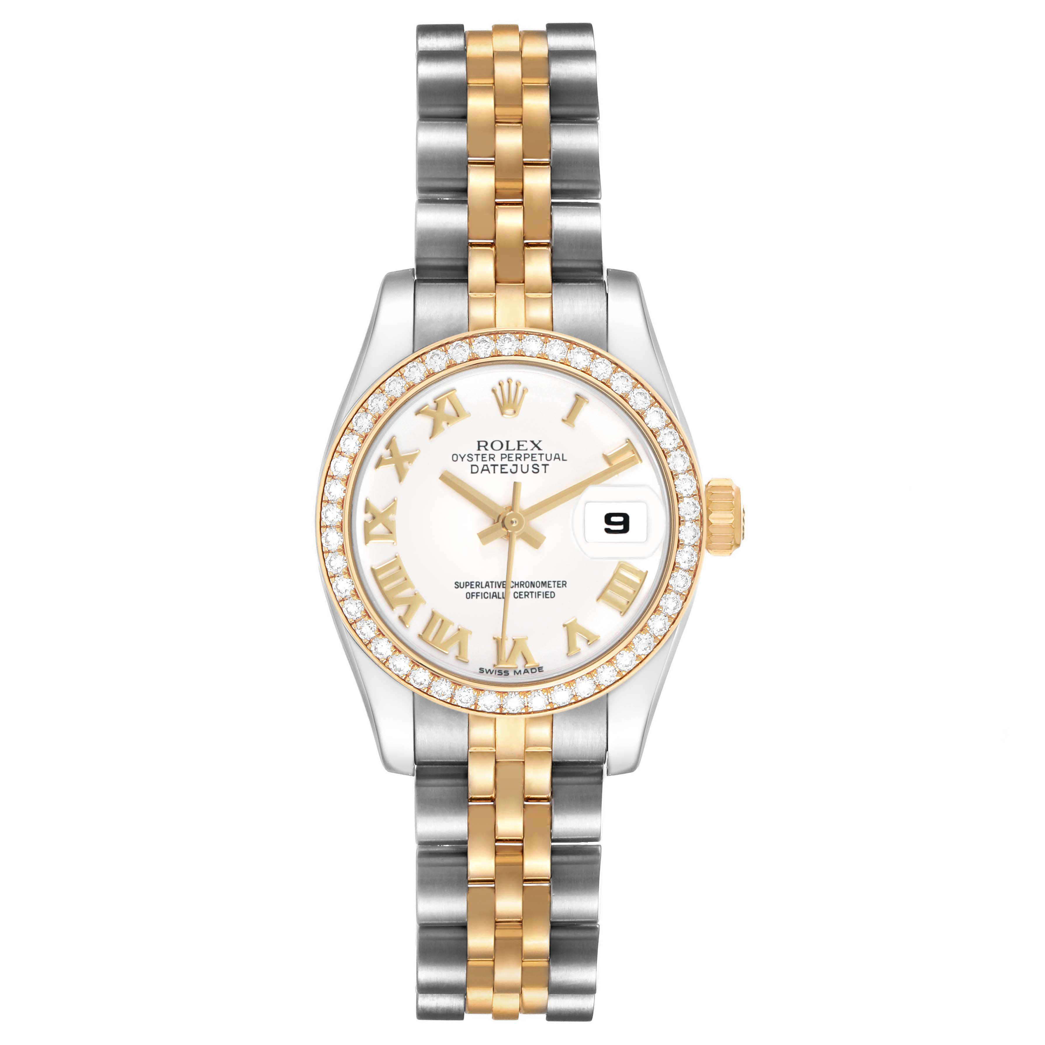 The image shows a Rolex Datejust 179383 Women's Steel and Gold (two tone) White Dial watch from a frontal angle, displaying the dial, bezel, and two-tone bracelet.