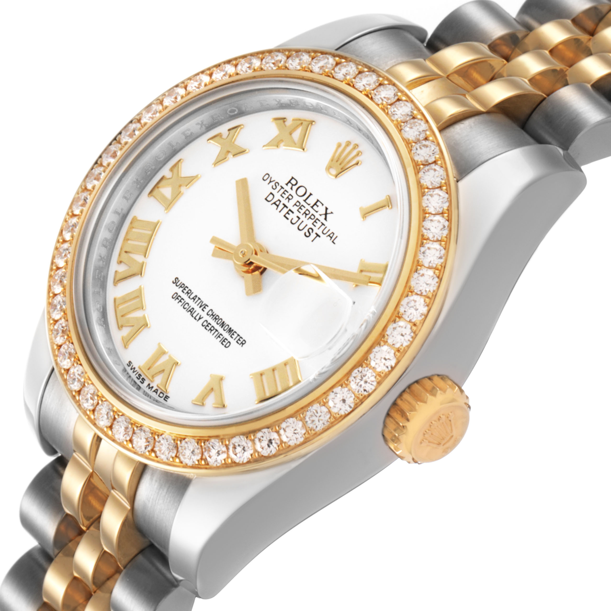 The Rolex Datejust 179383 Women's Steel and Gold (two tone) White Dial watch is shown at an angled view highlighting the face, bezel, and part of the bracelet.