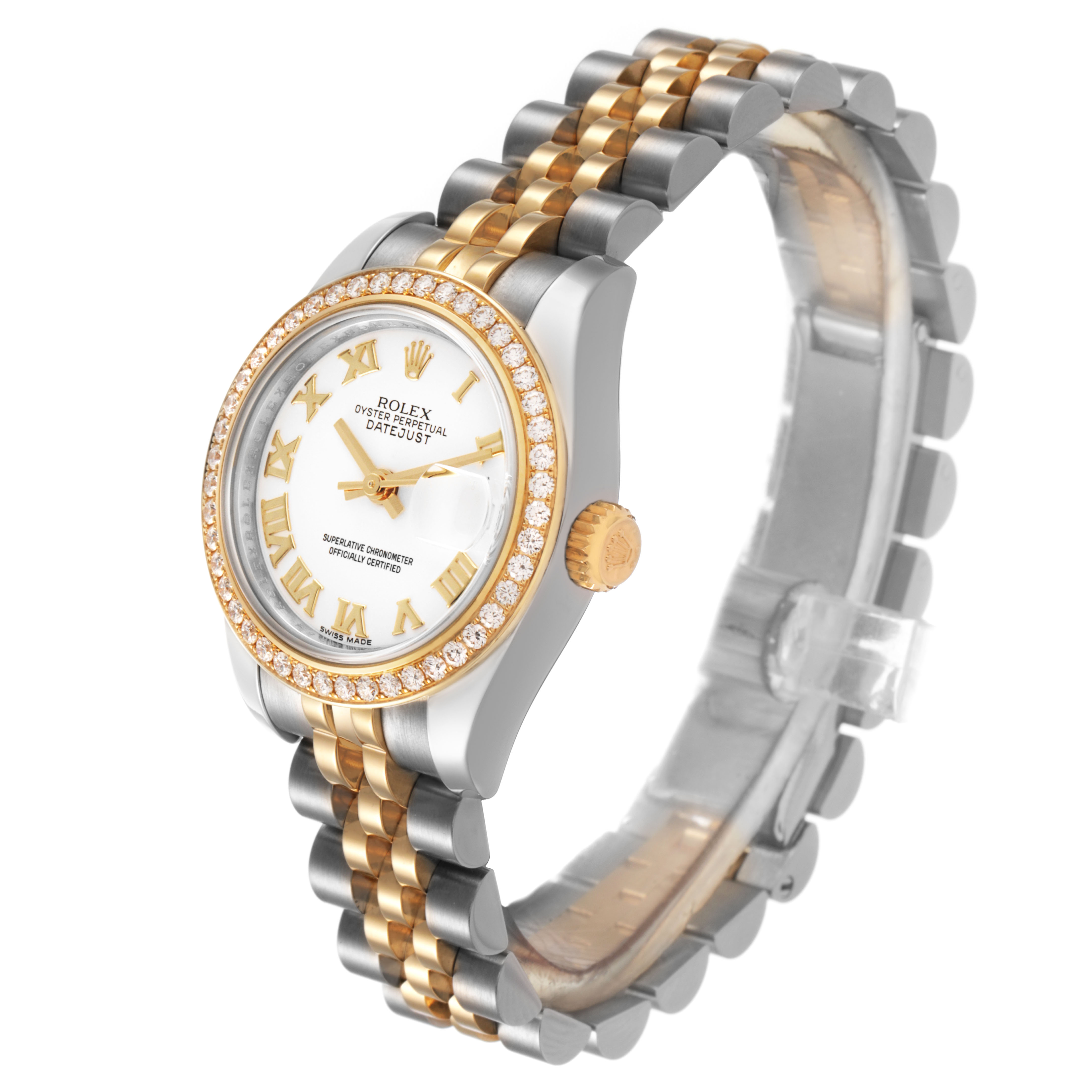 The Rolex Datejust 179383 Women's Steel and Gold (two tone) White Dial watch is shown at a three-quarter angle, highlighting its diamond bezel, two-tone bracelet, and gold Roman numeral dial.