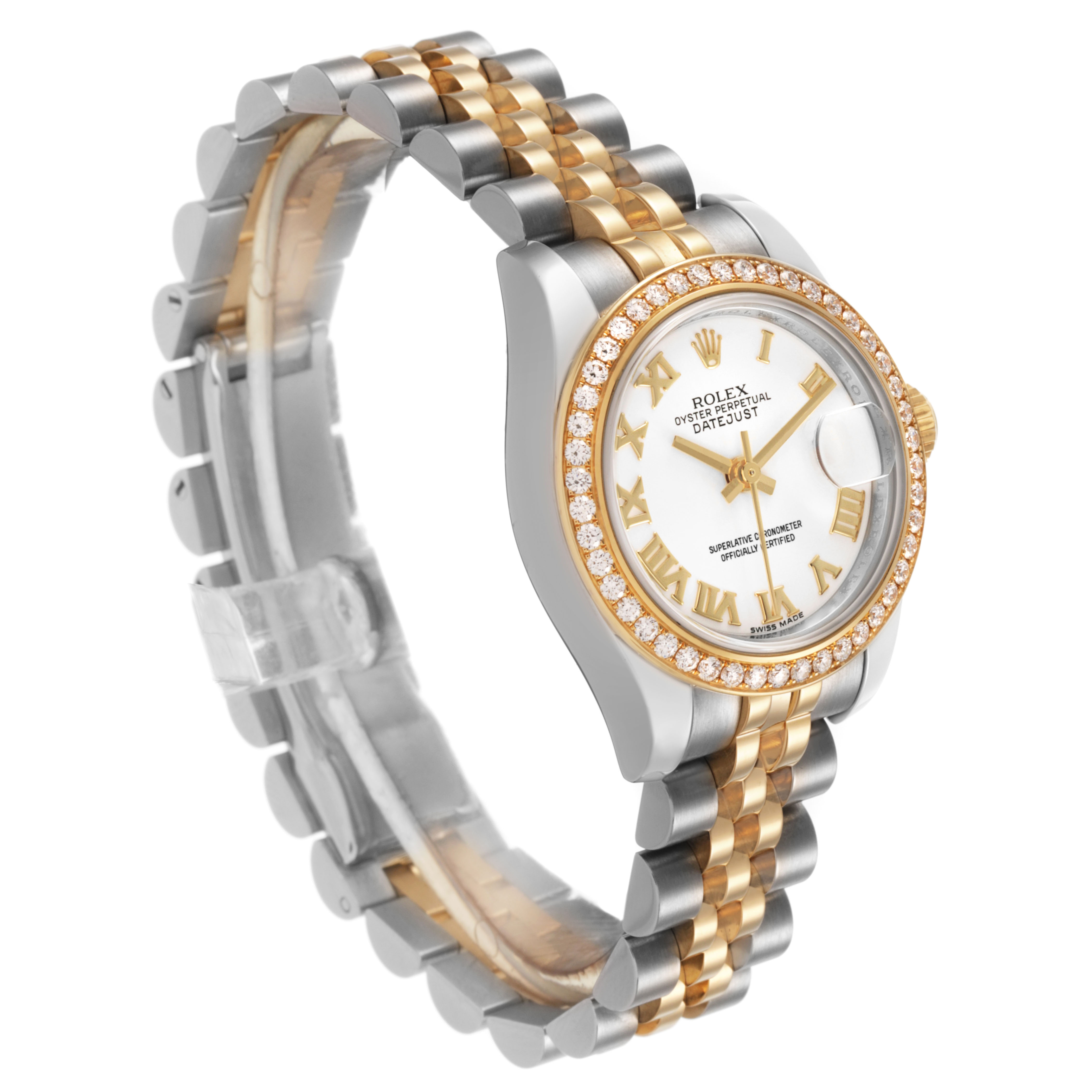 The Rolex Datejust 179383 Women's Steel and Gold (two tone) White Dial watch is shown at a three-quarter angle, highlighting the bracelet, case, and diamond bezel.