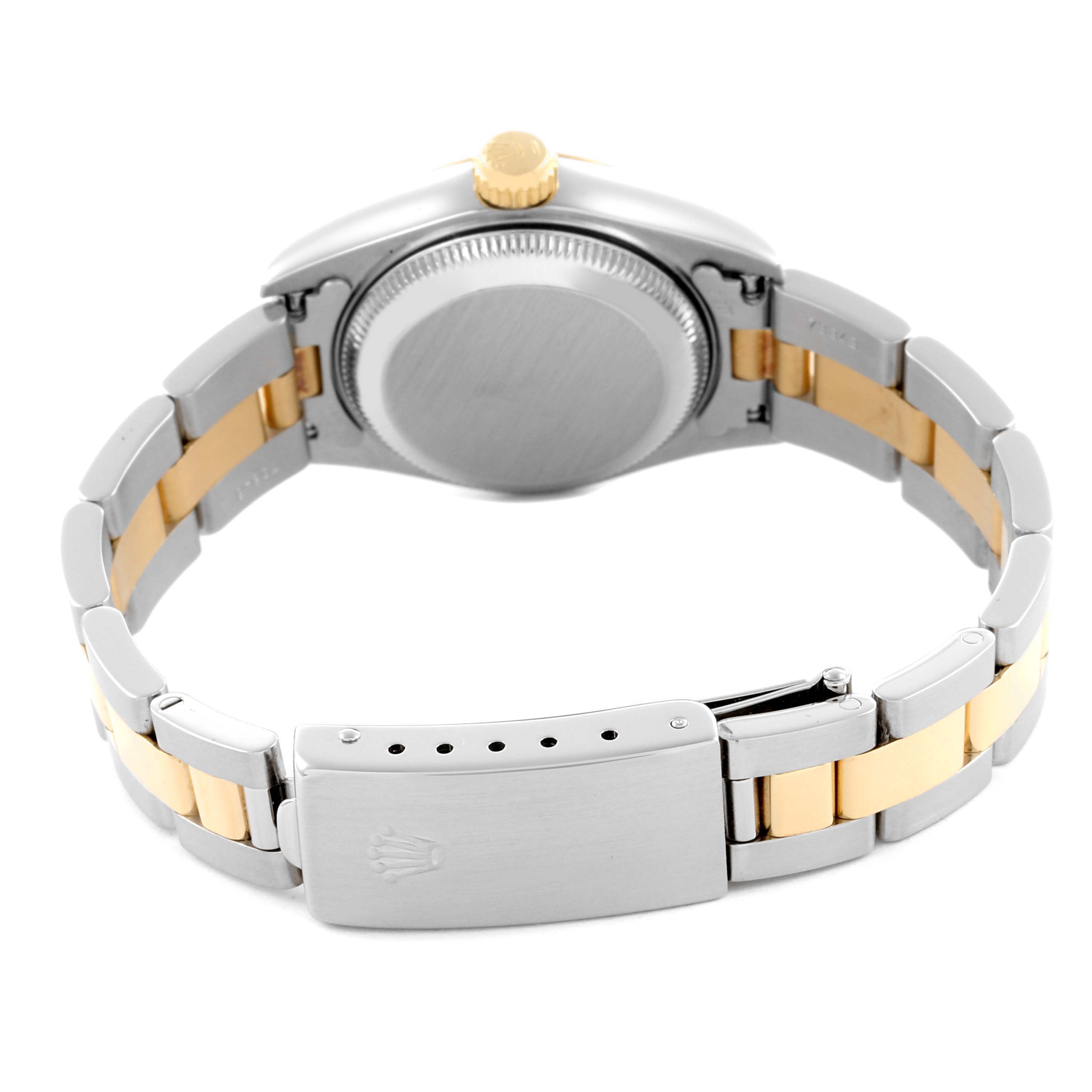 The image shows the back case, crown, and two-tone bracelet of a Rolex Datejust 69173 Women's Steel and Gold (two tone) White Dial 69173 Women's Steel and Gold (two tone) White Dial from a rear angle.