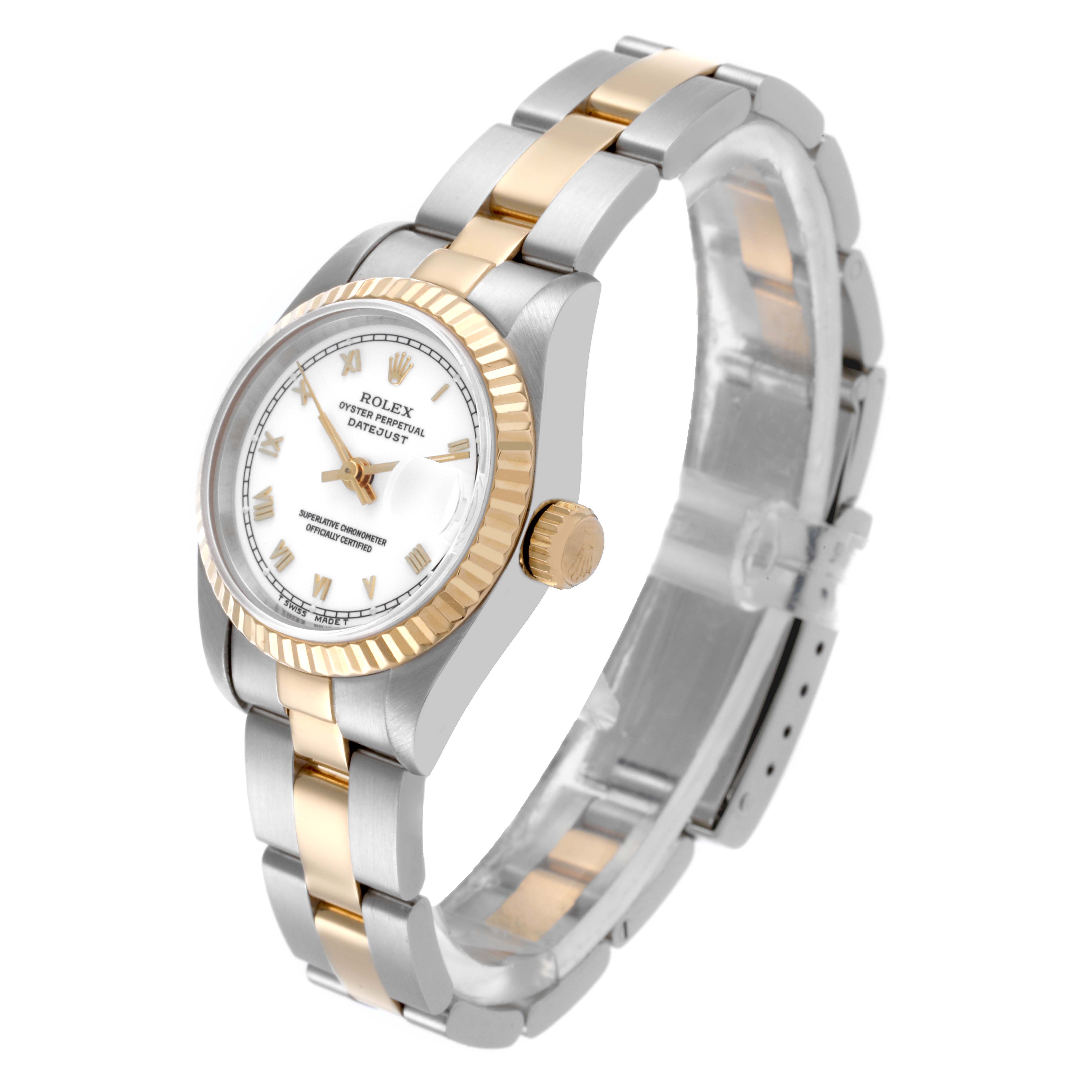 The Rolex Datejust 69173 Women's Steel and Gold (two tone) White Dial 69173 Women's Steel and Gold (two tone) White Dial watch is shown from a side angle, highlighting its two-tone band and fluted bezel.