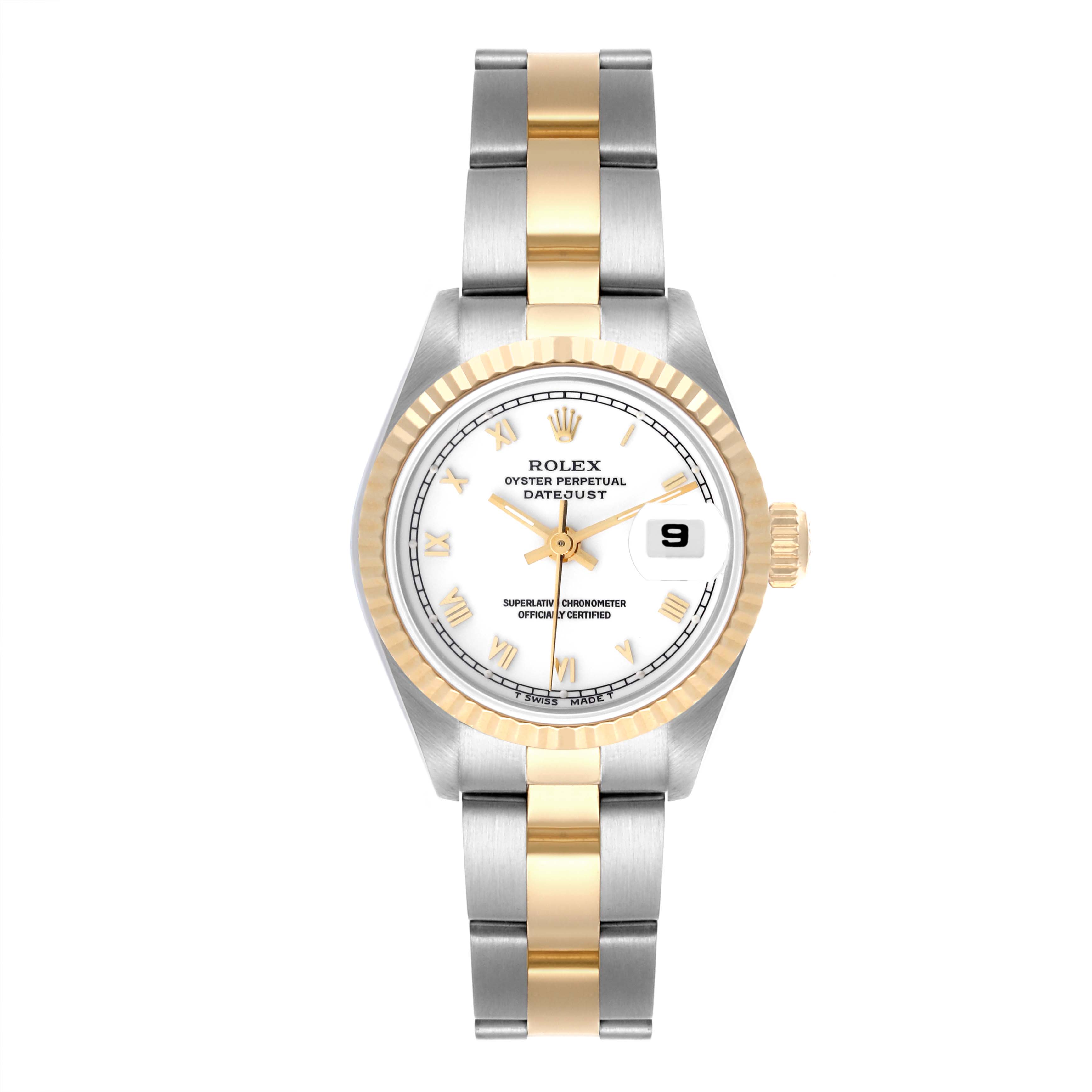 The Rolex Datejust 69173 Women's Steel and Gold (two tone) White Dial 69173 Women's Steel and Gold (two tone) White Dial watch is shown from the front, highlighting the dial, bezel, and two-tone bracelet.