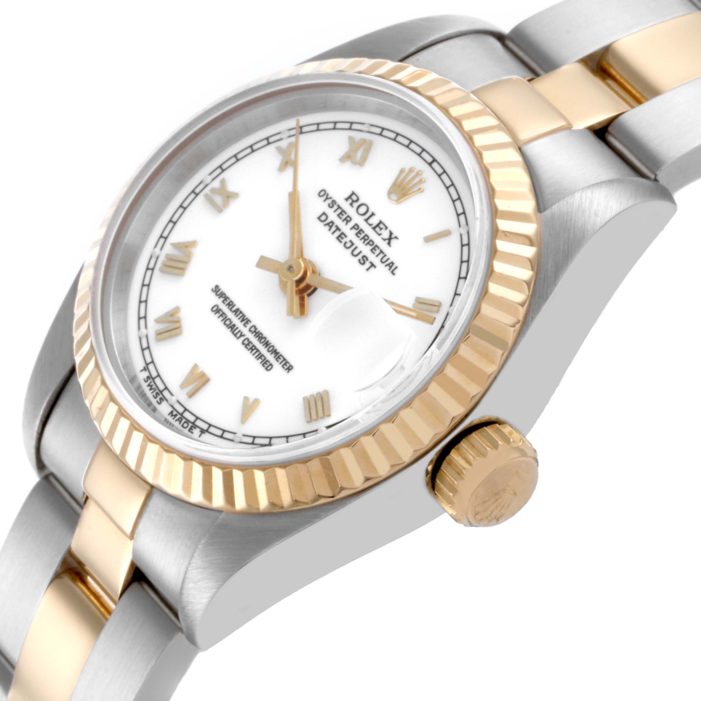 The Rolex Datejust 69173 Women's Steel and Gold (two tone) White Dial 69173 Women's Steel and Gold (two tone) White Dial watch is shown from an angled side view, highlighting the dial, fluted bezel, and crown.