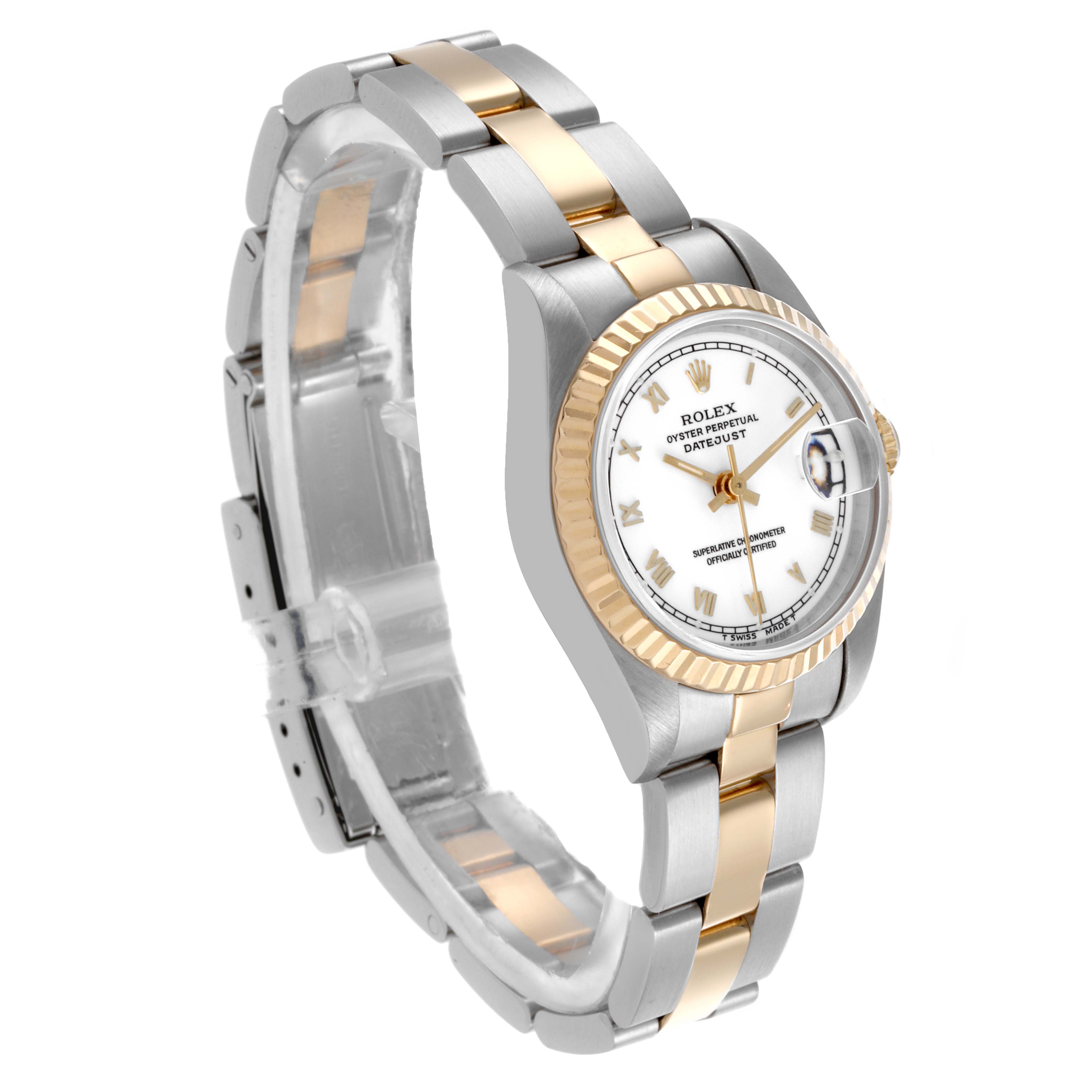 The Rolex Datejust 69173 Women's Steel and Gold (two tone) White Dial 69173 Women's Steel and Gold (two tone) White Dial watch is shown at a three-quarter angle, highlighting the face, bezel, and metal bracelet.