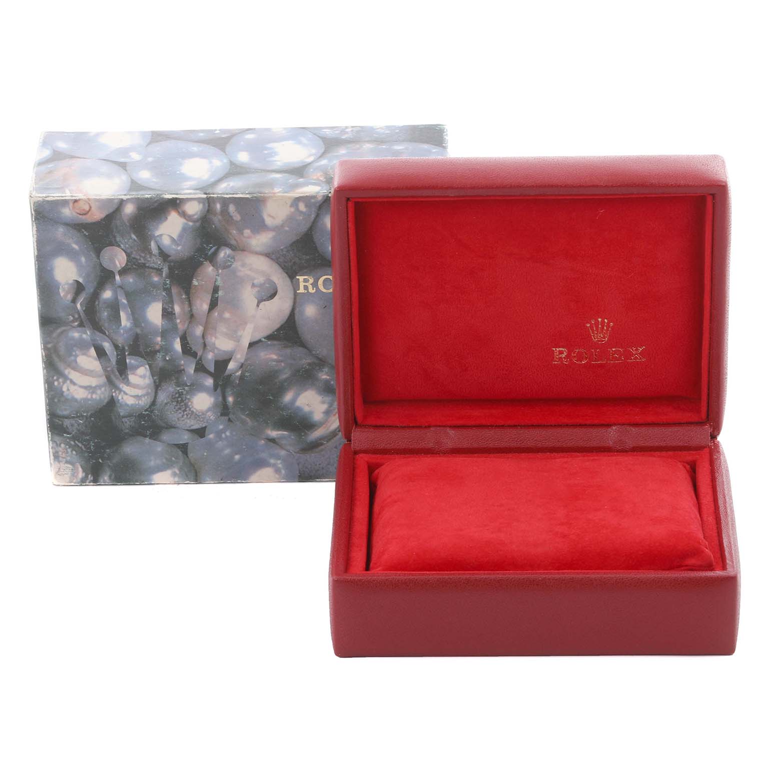 The image shows a Rolex Datejust 69173 Women's Steel and Gold (two tone) White Dial 69173 Women's Steel and Gold (two tone) White Dial box featuring a red velvet interior and outer packaging with a pearl-like design.