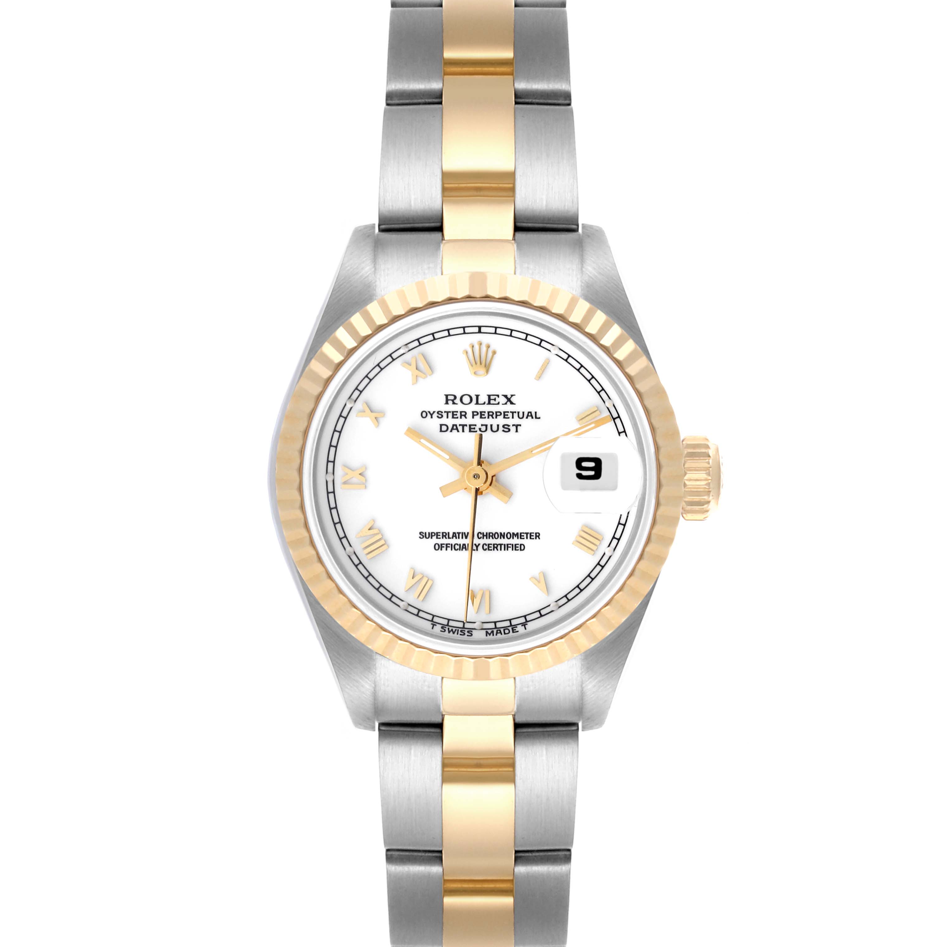 The Rolex Datejust 69173 Women's Steel and Gold (two tone) White Dial 69173 Women's Steel and Gold (two tone) White Dial watch is shown from a front angle, displaying the dial, bezel, and bracelet.